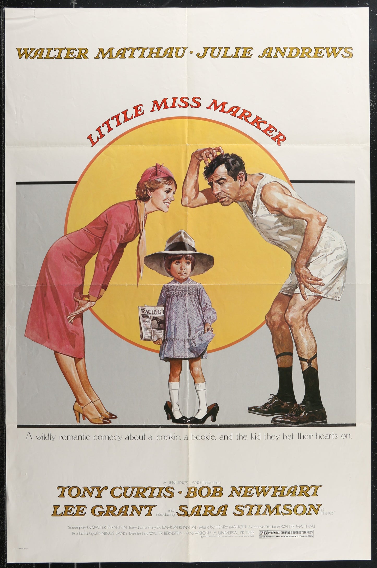 Vintage movie poster for 'Little Miss Marker' featuring characters with names visible, in a yellow tinted background, indicating a romantic comedy genre.
