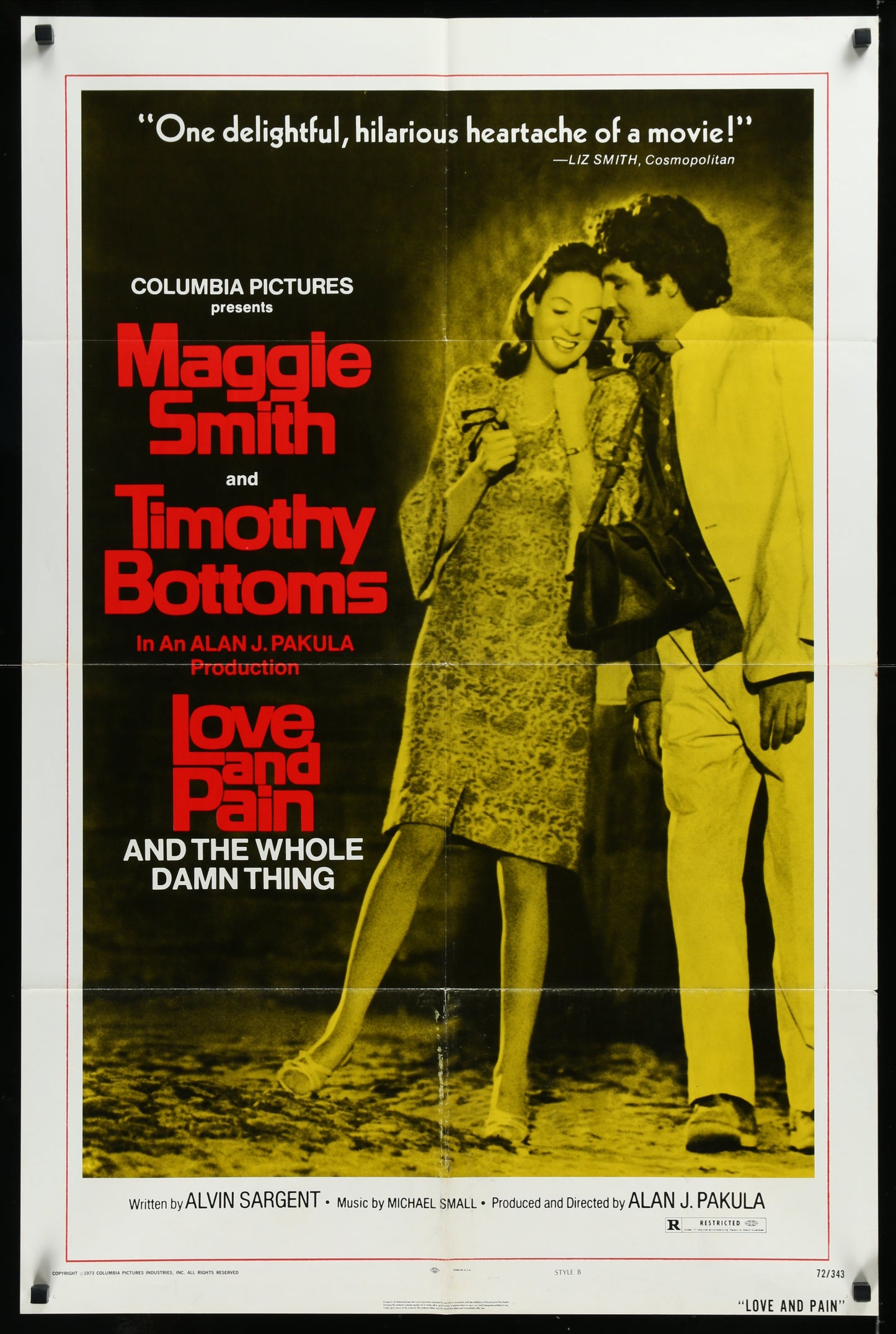 Vintage movie poster for 'Love And Pain' featuring a man and a woman, with the text 'MAGGIE SMITH TIMOTHY BOTTOMS' along with the title 'LOVE AND PAIN THE WHOLE DAMN THING'.