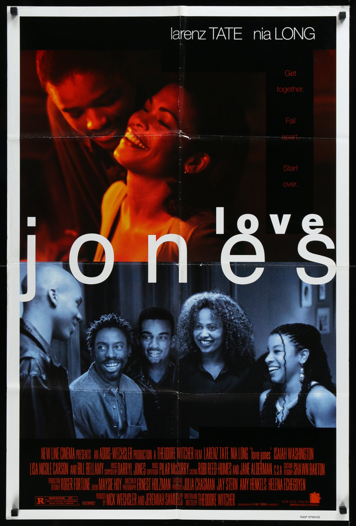 A vintage US one sheet movie poster for 'Love Jones' featuring images of the main characters and the title in large white letters.