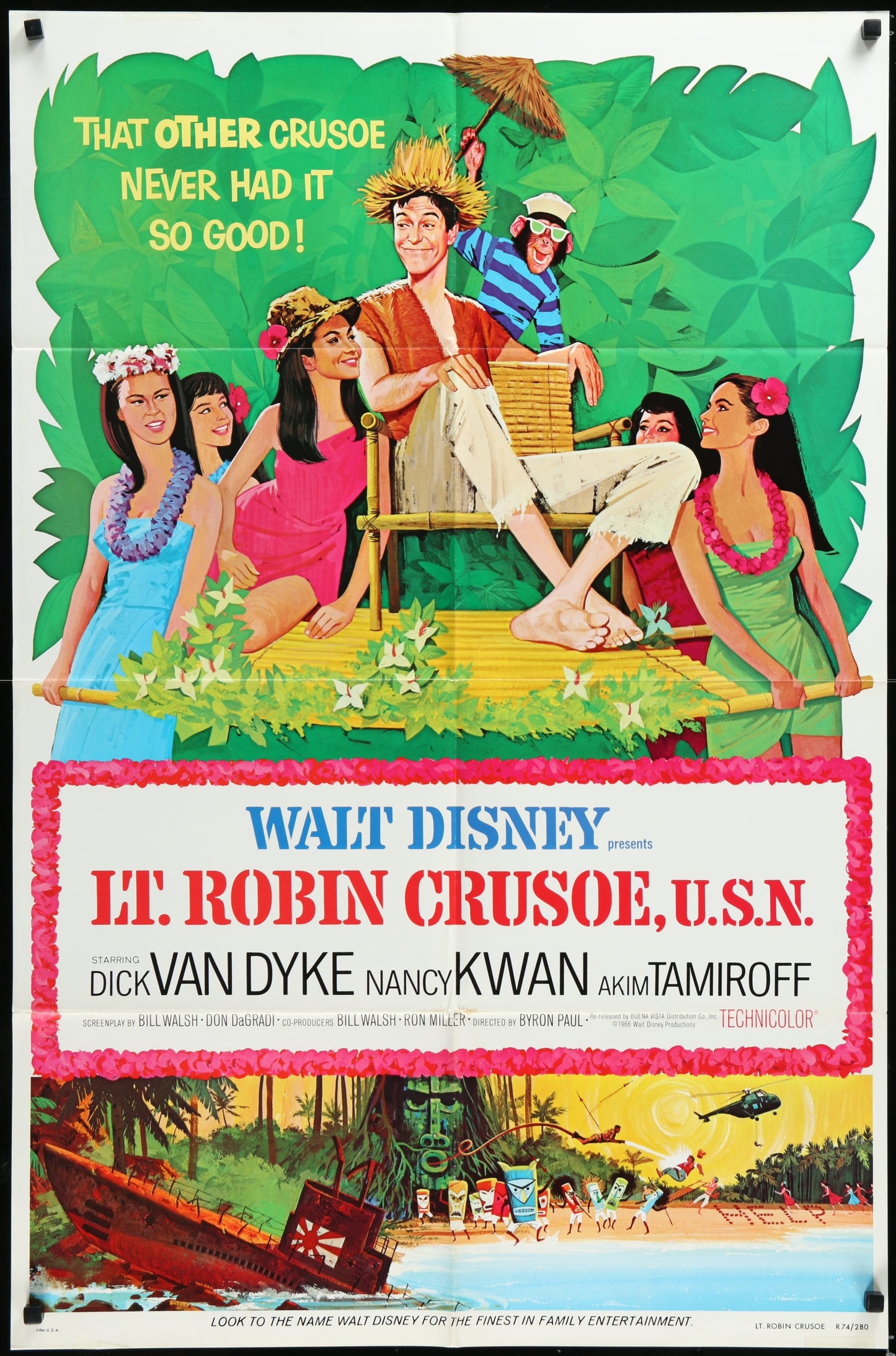 Vintage movie poster for 'Lt. Robinson Crusoe, USN' featuring a colorful illustration with Dick Van Dyke and other characters from the film.