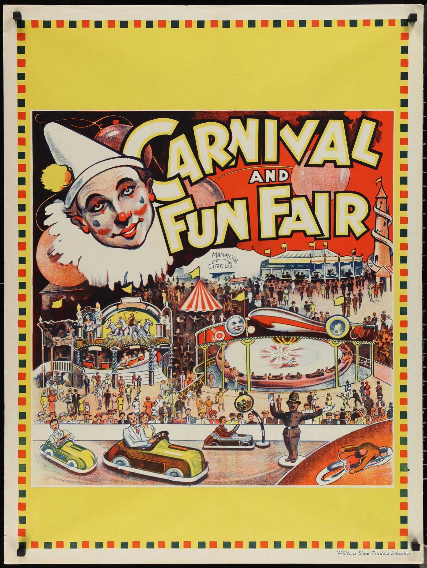 Vintage-style poster of a carnival and fun fair with a clown and various attractions.