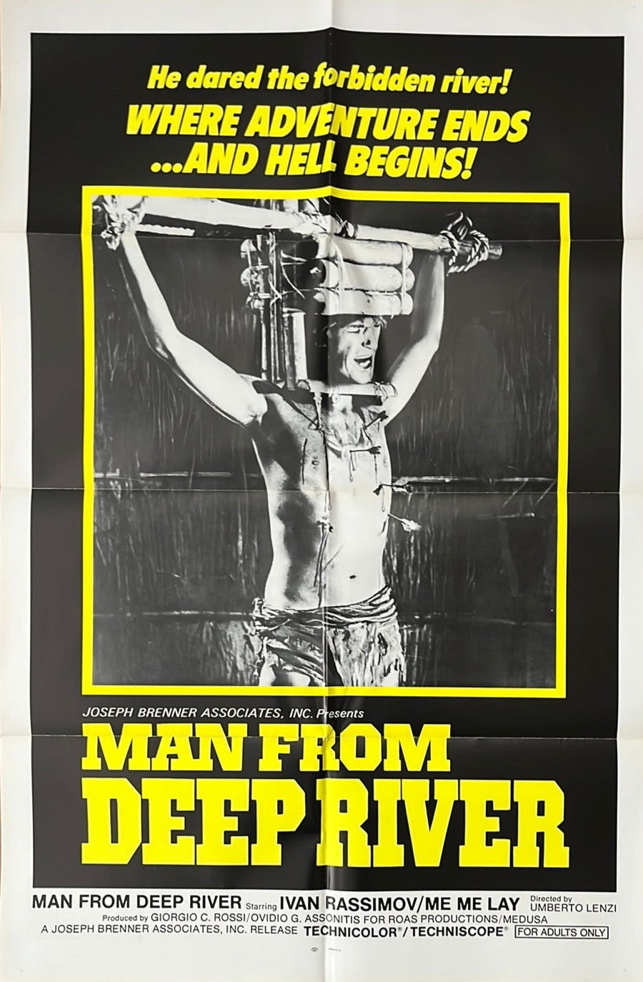 Vintage style movie poster for 'Man From Deep River' featuring a man with a rifle, predominantly black and white with yellow text.