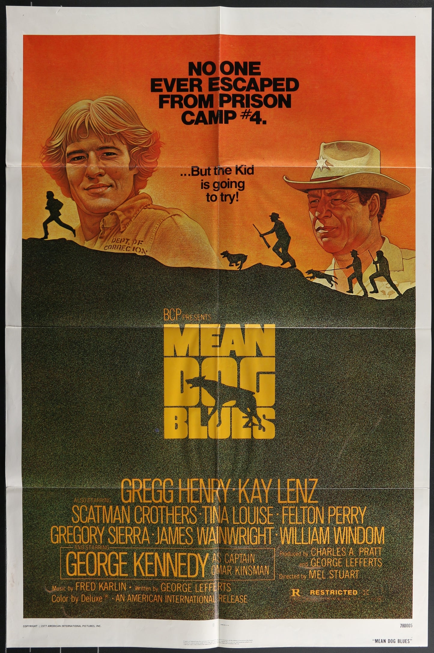 Vintage style movie poster for 'Mean Dog Blues' featuring images of the main characters with a dramatic landscape background.