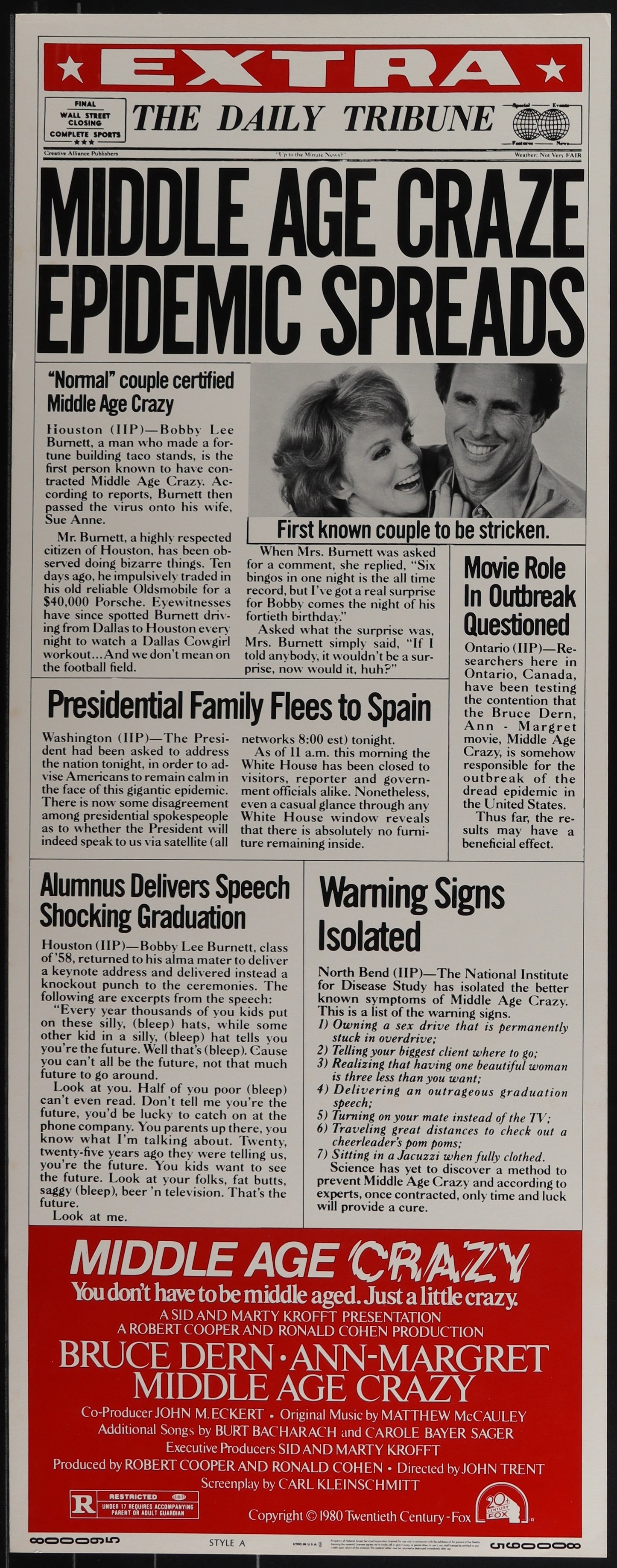 Vintage style newspaper insert movie poster for 'Middle Age Crazy' featuring actors Bruce Dern and Ann-Margret, with headlines and text reporting on the movie's release.