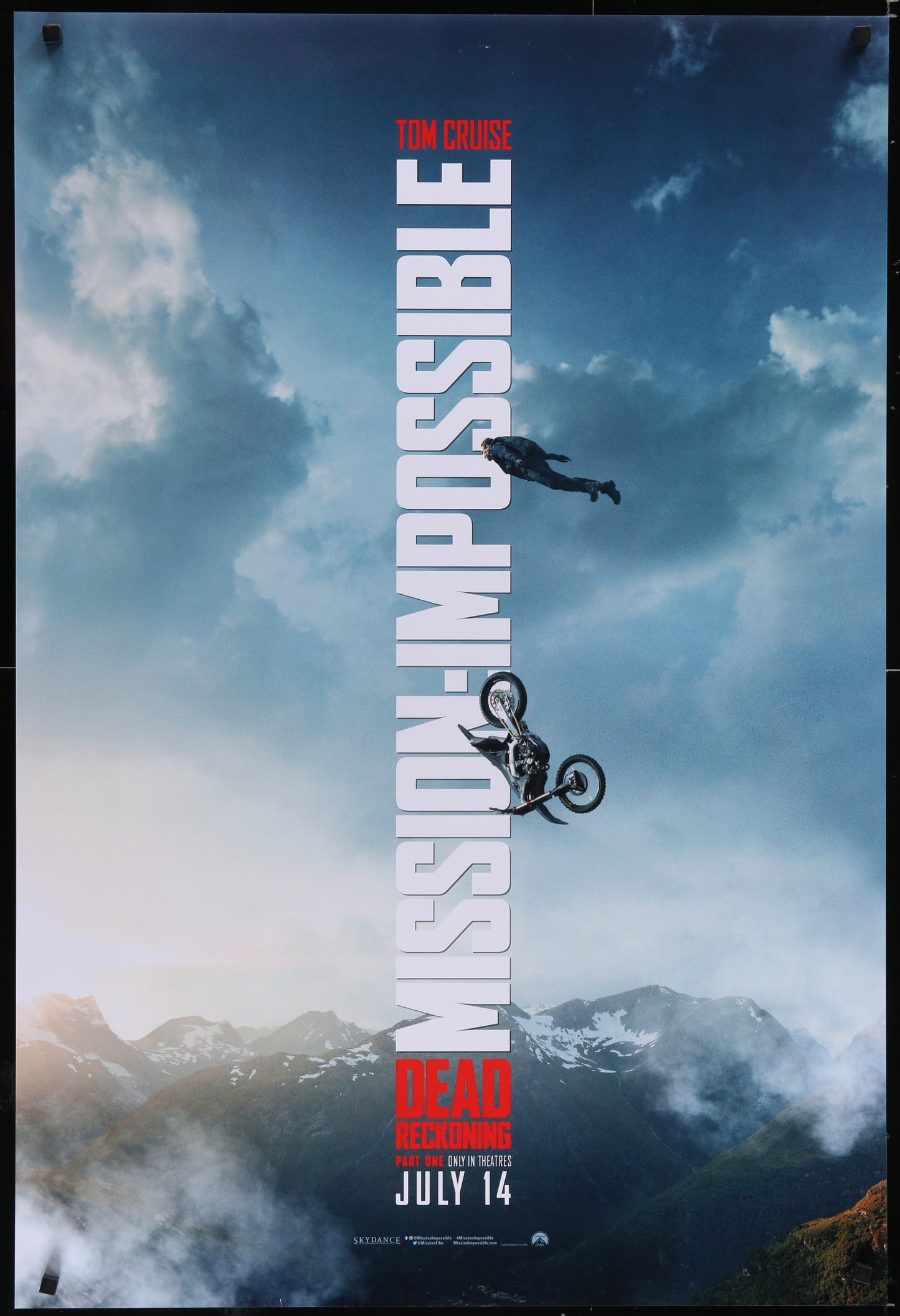 Original US one-sheet movie poster for Mission Impossible - Dead Reckoning Part One, featuring an image of Tom Cruise on a motorbike against a mountainous backdrop, with the movie title and release date at the bottom.