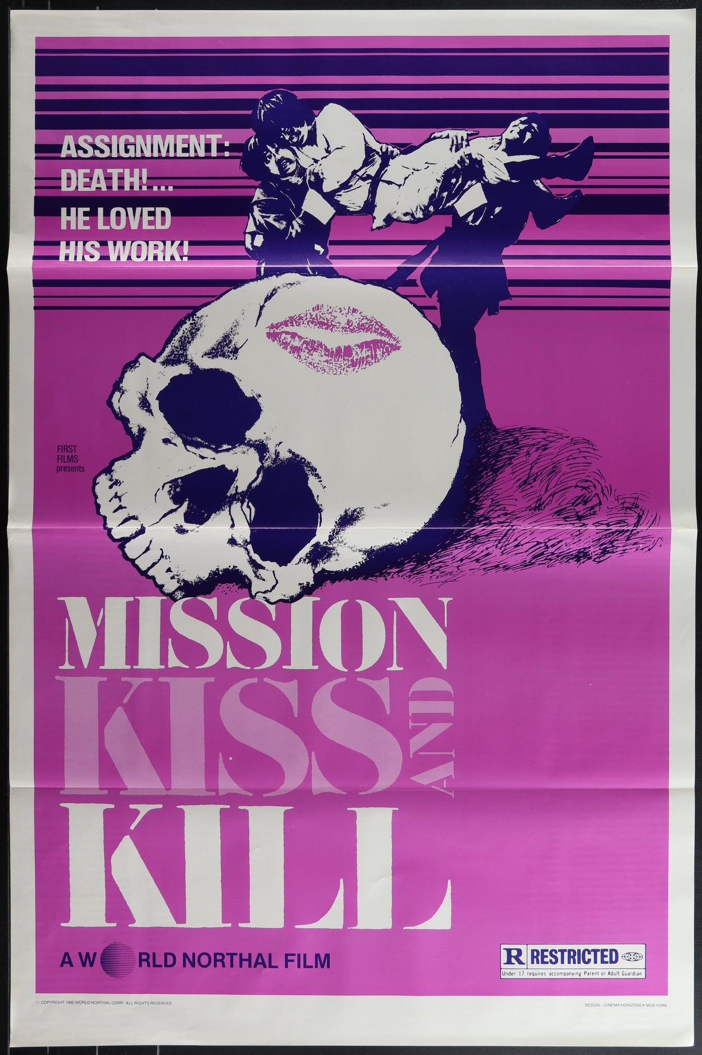 Vintage US one-sheet movie poster for 'Mission: Kiss & Kill' featuring a skull with lips in the foreground and two figures in the background on a purple background. The text includes 'Assignment.