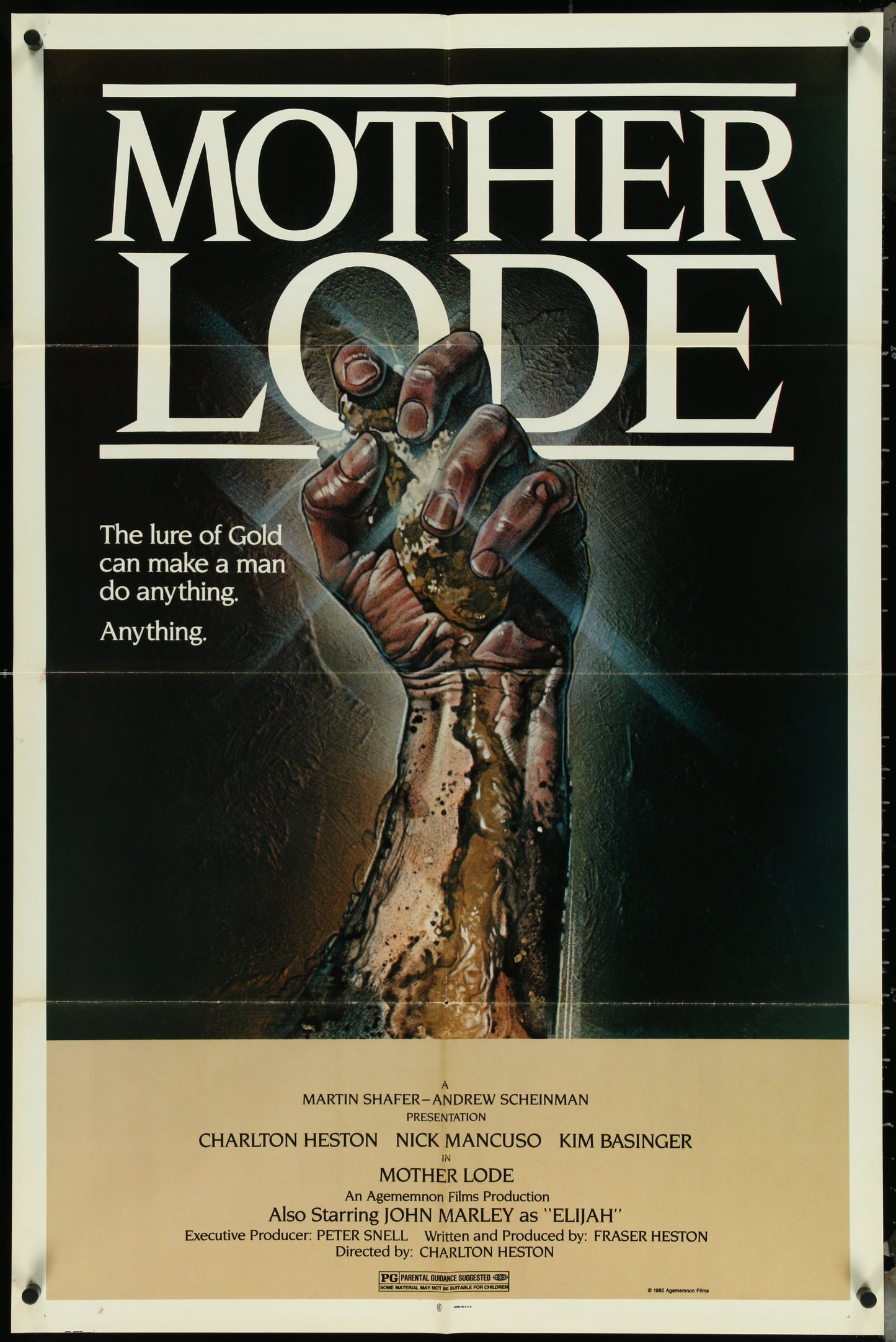Vintage one-sheet movie poster for 'Mother Lode' featuring a close-up of a hand holding a gold nugget, with text and credits.