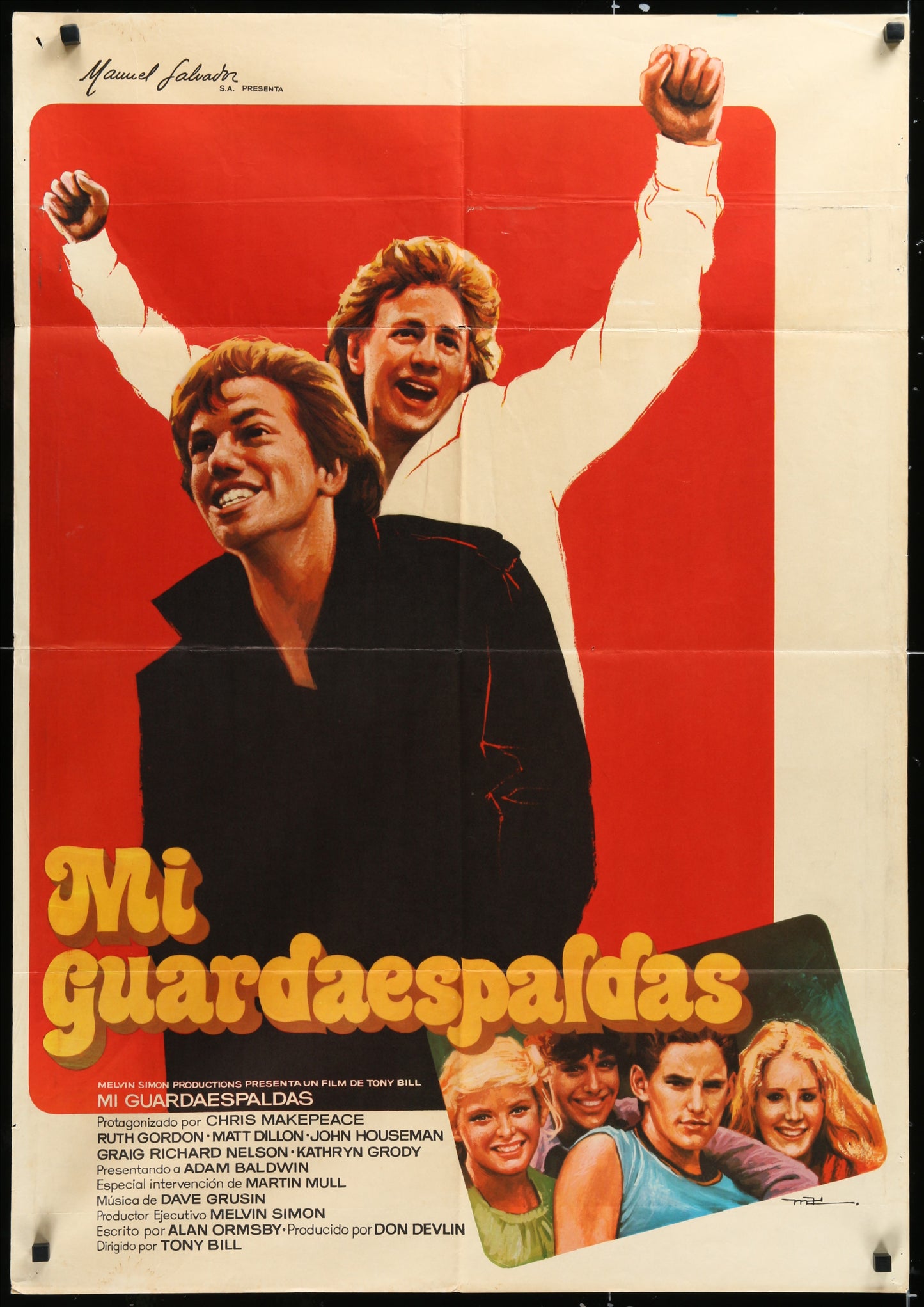 Original Spanish movie poster for 'My Bodyguard' featuring two male characters prominently, with title text and other film details.