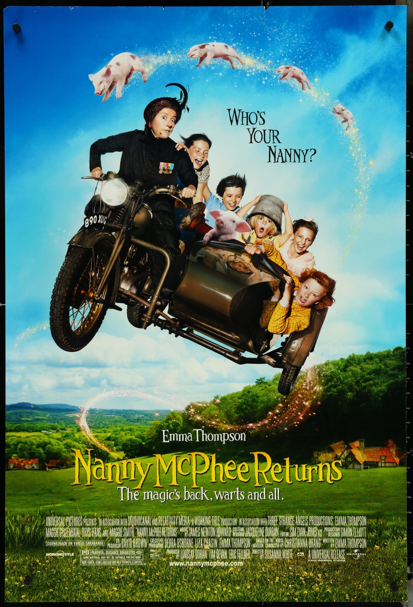 Movie poster for 'Nanny McPhee Returns' with a motorcycle and children in the air.