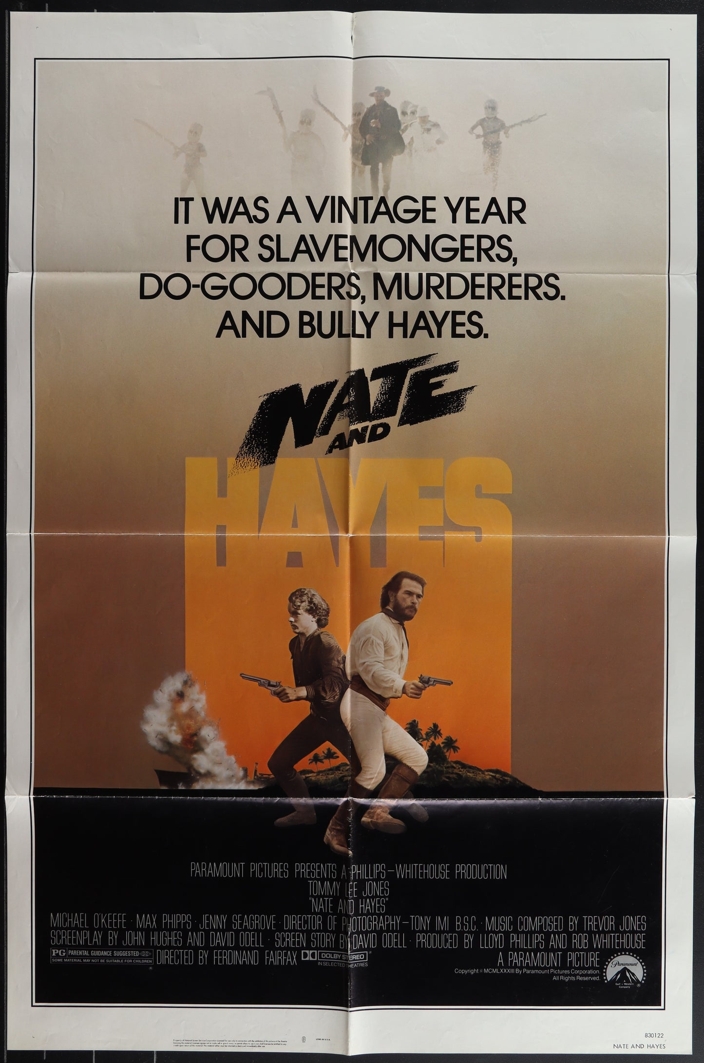 Vintage movie poster for 'Nate and Hayes' featuring two male characters prominently with guns, against an orange and yellow backdrop, with text detailing the film's title and release date.