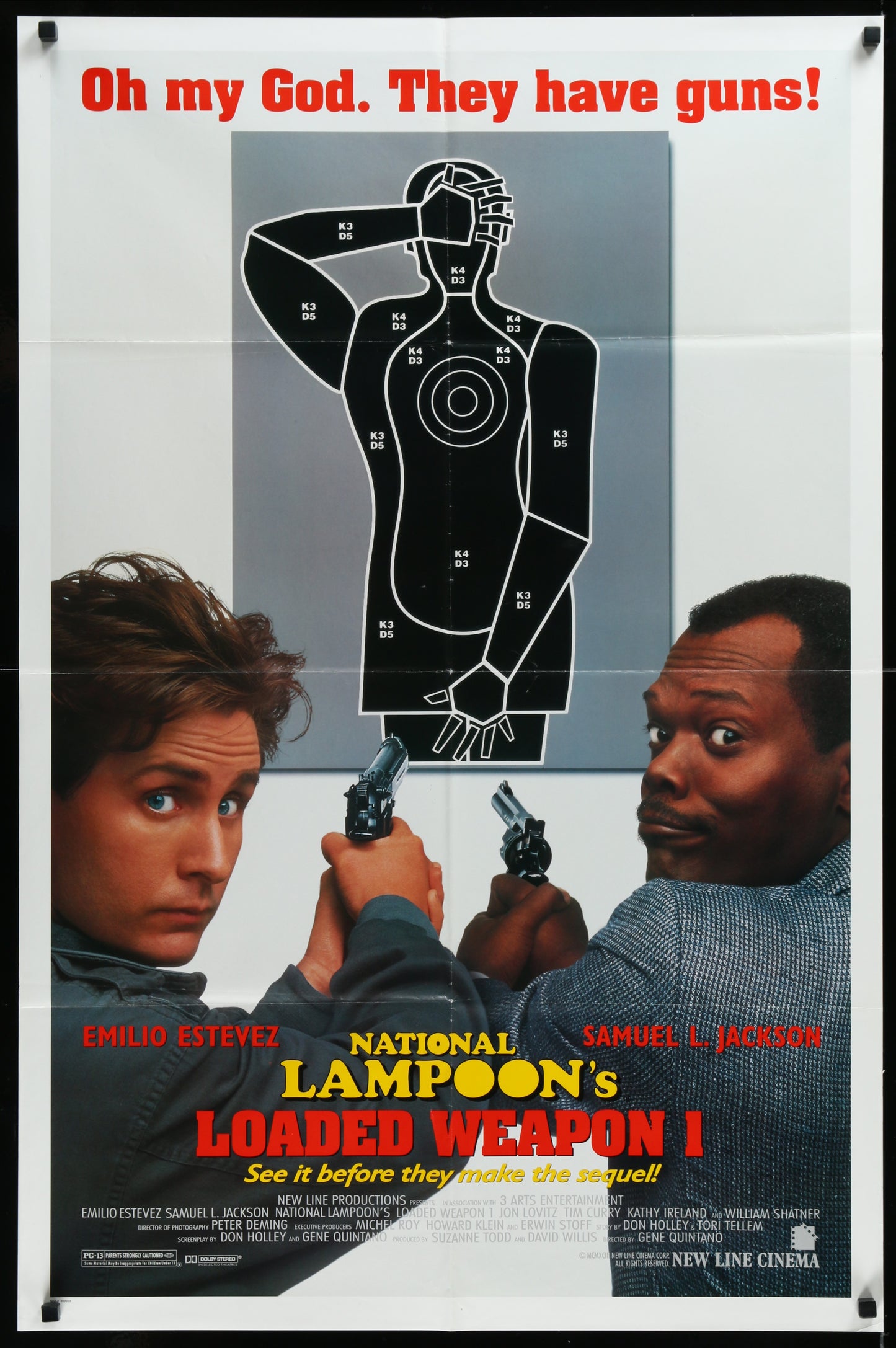 Original US one-sheet movie poster for 'National Lampoon's Loaded Weapon 1' featuring images of the main characters with a silhouette of a man and a woman in the foreground, guns in hand, against a grey background with a black and white movie poster illustration in the background.