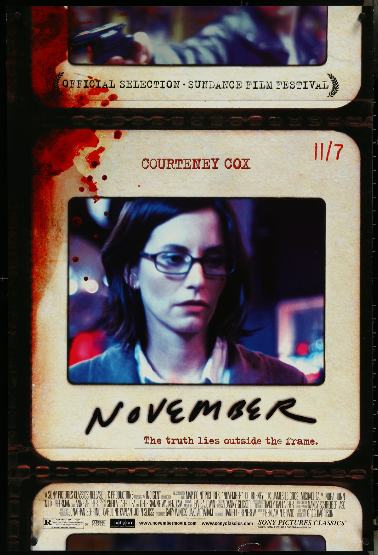Original US one sheet movie poster for the film 'November' featuring Courtney Cox, with a 'Official Selection' stamp, Sundance Film Festival label, and a '11/7/04' date stamp.