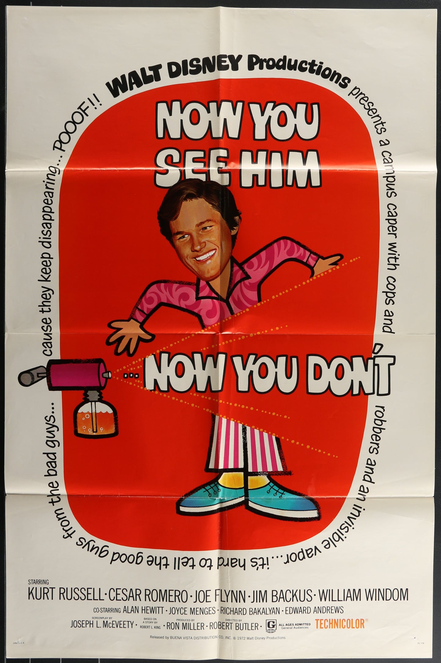 Vintage one-sheet movie poster for 'Now You See Him, Now You Don't' featuring a cartoon-style illustration of Kurt Russell in a pink shirt and striped trousers, with text and captions on the poster.
