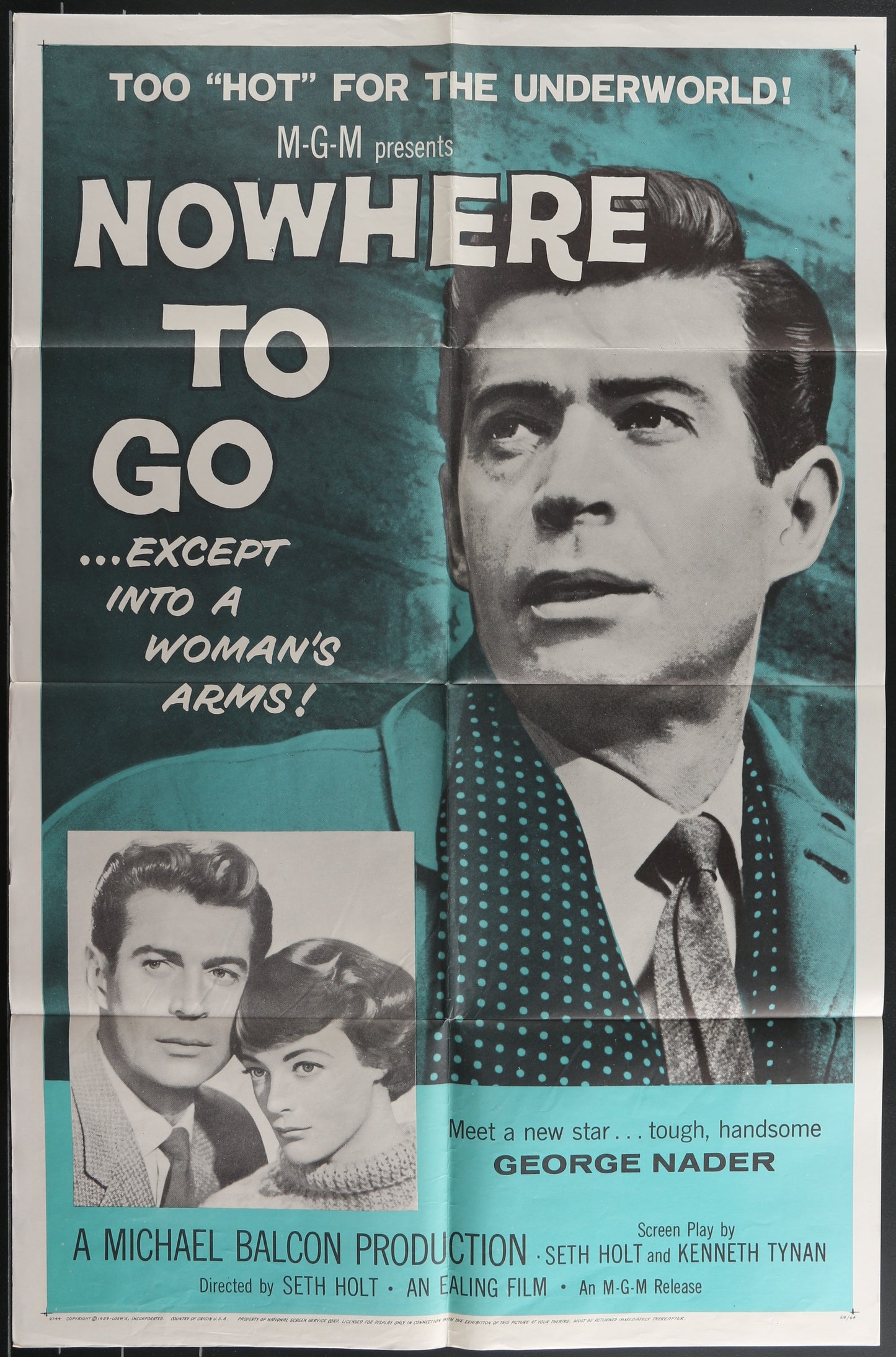 Vintage style movie poster for 'Nowhere To Go' featuring a man's portrait with text and a smaller image of a woman in the background.