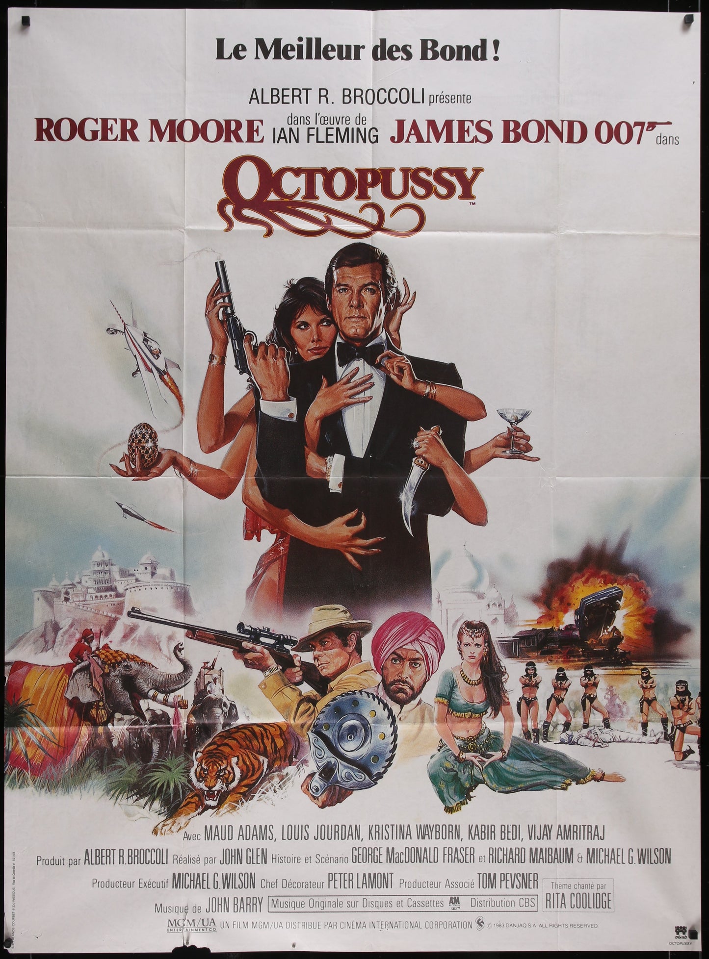 A vintage movie poster for the 1983 James Bond film 'Octopussy' featuring artwork by Daniel Goozee. The poster shows images of the actors, characters, and scenes from the movie, with a mix of colors predominantly showcasing the Bond franchise elements.