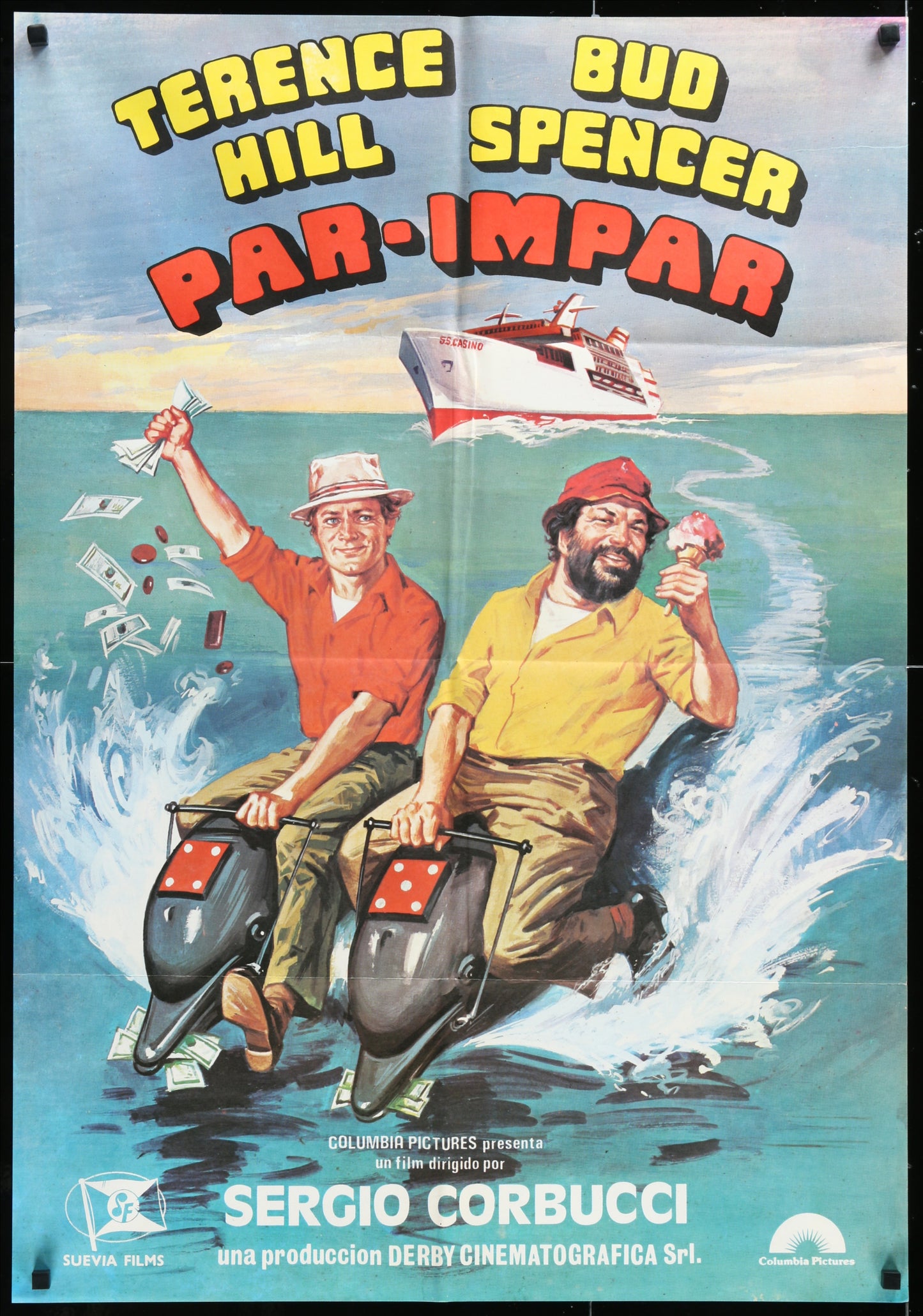 Original Spanish movie poster for 'Odds And Evens' featuring two male characters prominently, with a background of a boat and open sea.