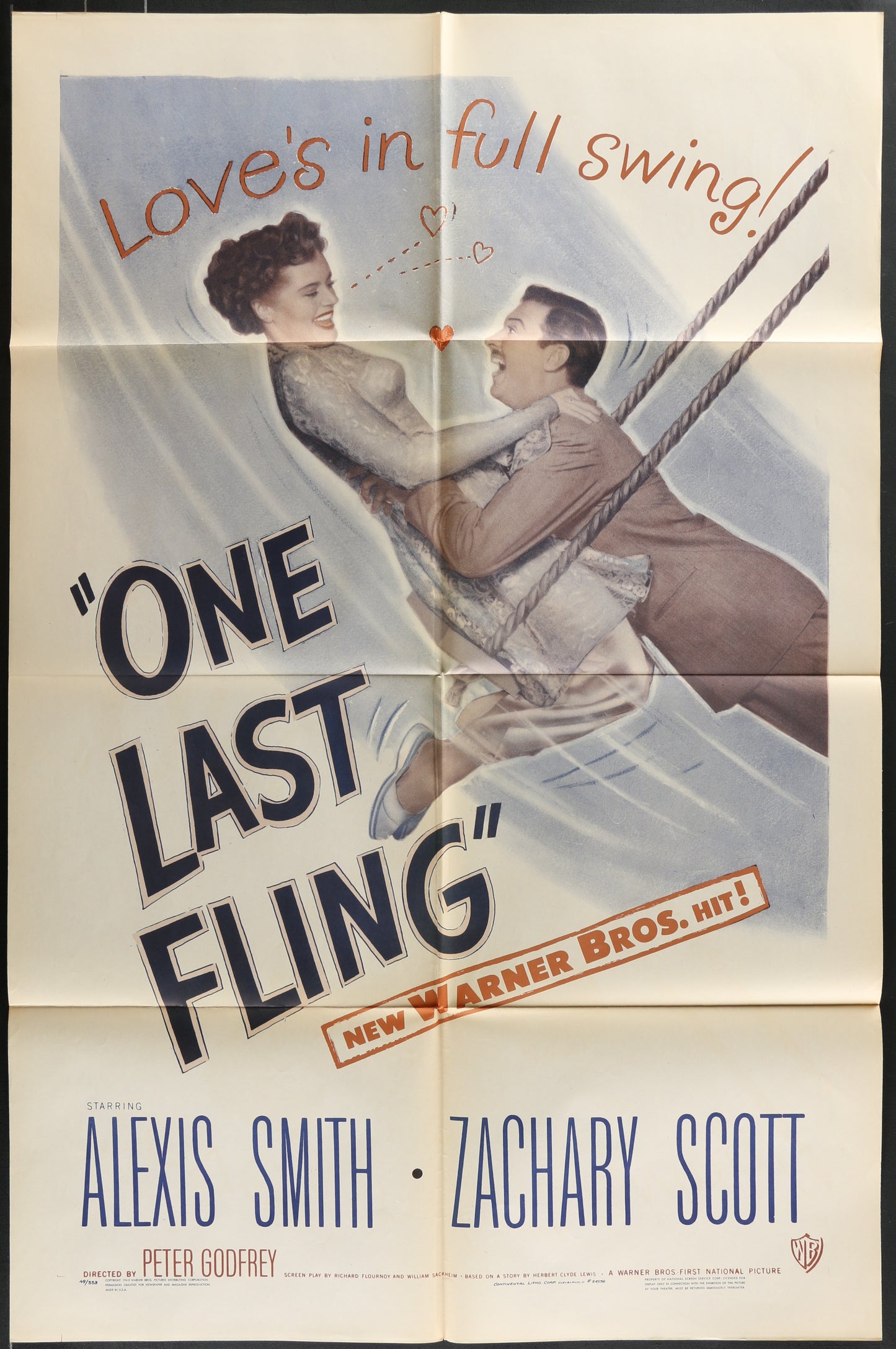 Vintage movie poster for 'One Last Fling' featuring two people in a hammock with text about love and swing.