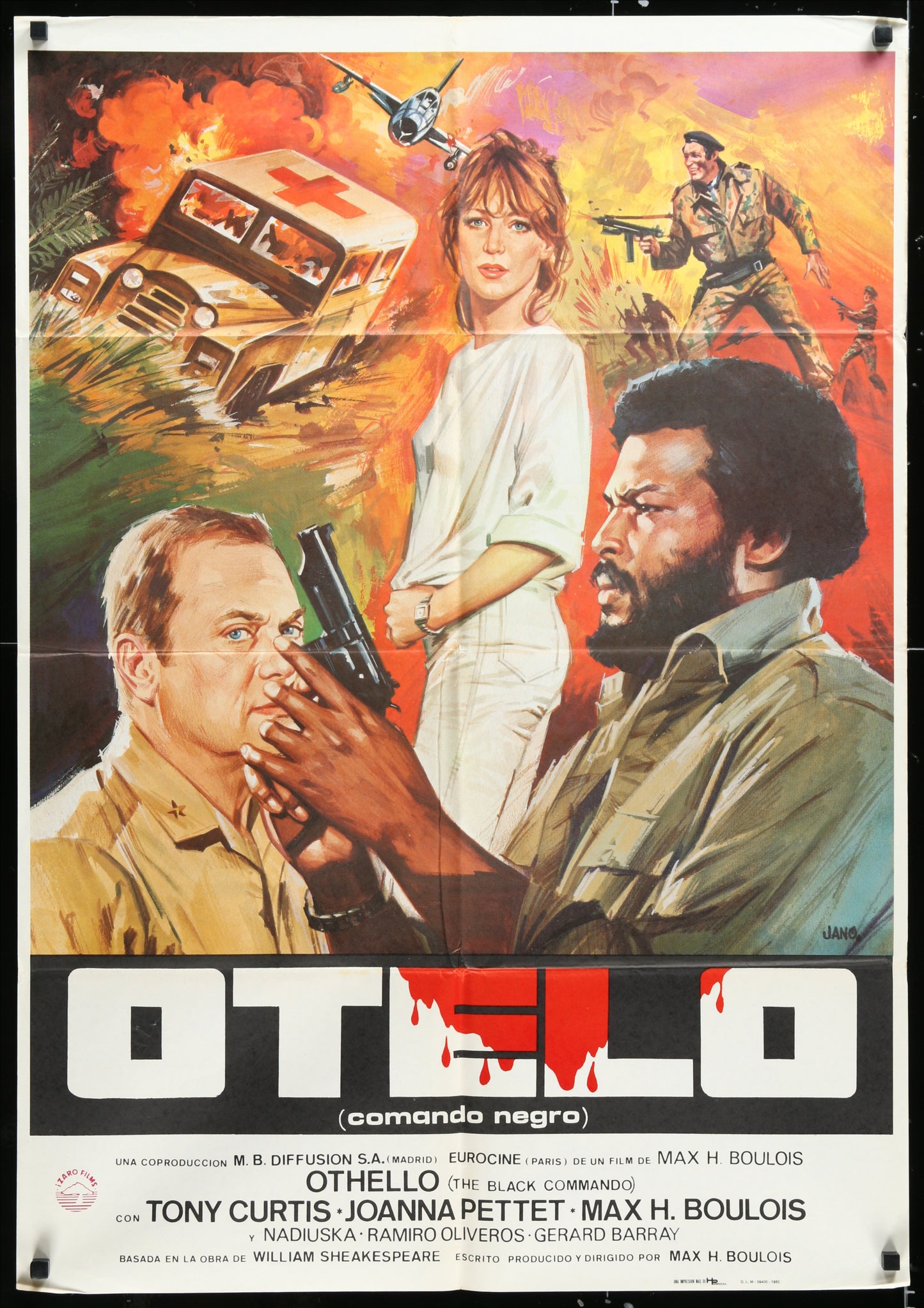 Original Spanish movie poster for 'Otelo' featuring a colorful illustration of the main characters with a dramatic background.