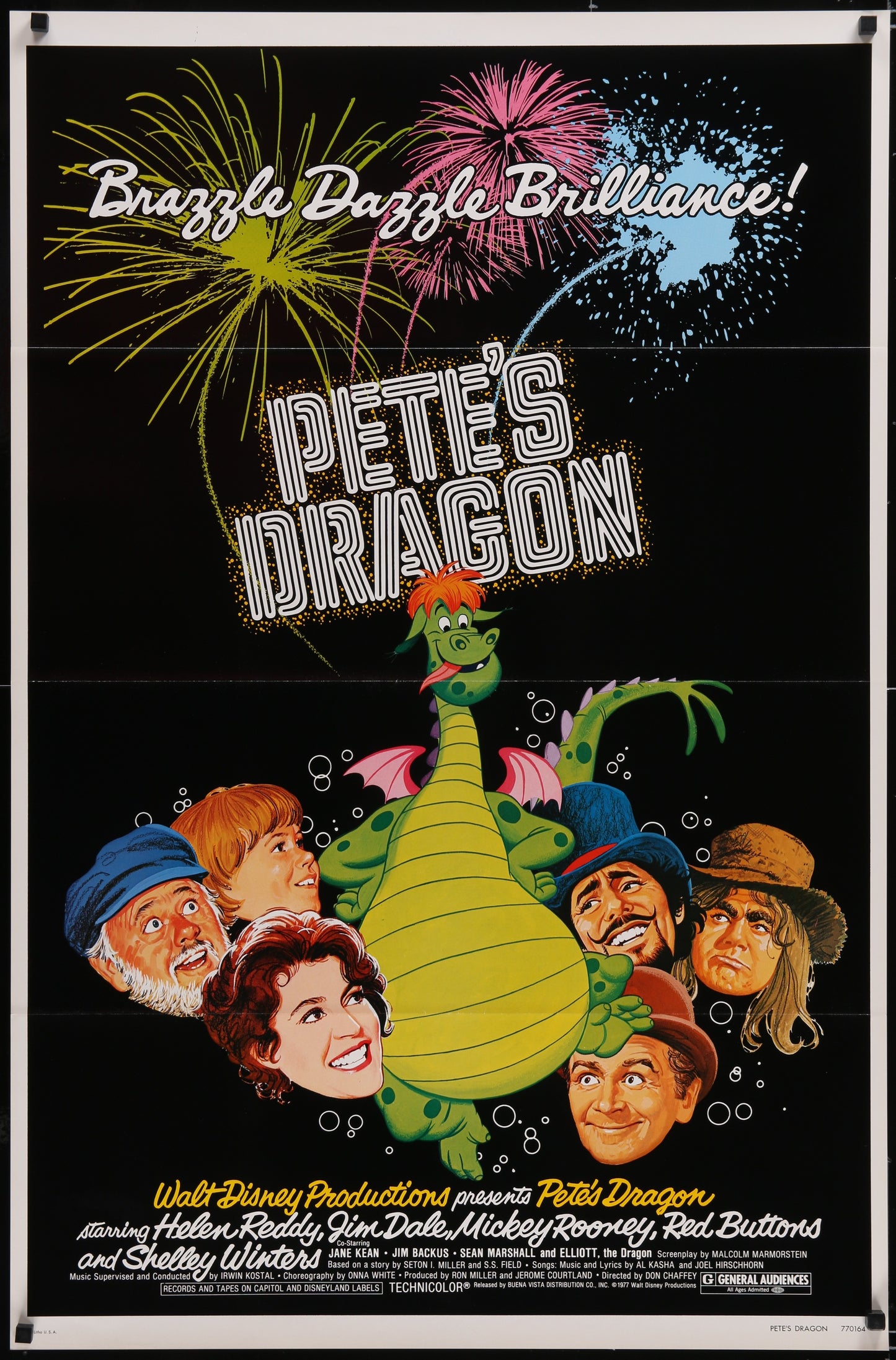 Vintage one-sheet movie poster for 'Pete's Dragon' featuring cartoon images of the main characters and a green dragon, with the text 'Brazzle Dazzle Brilliance!' at the top.
