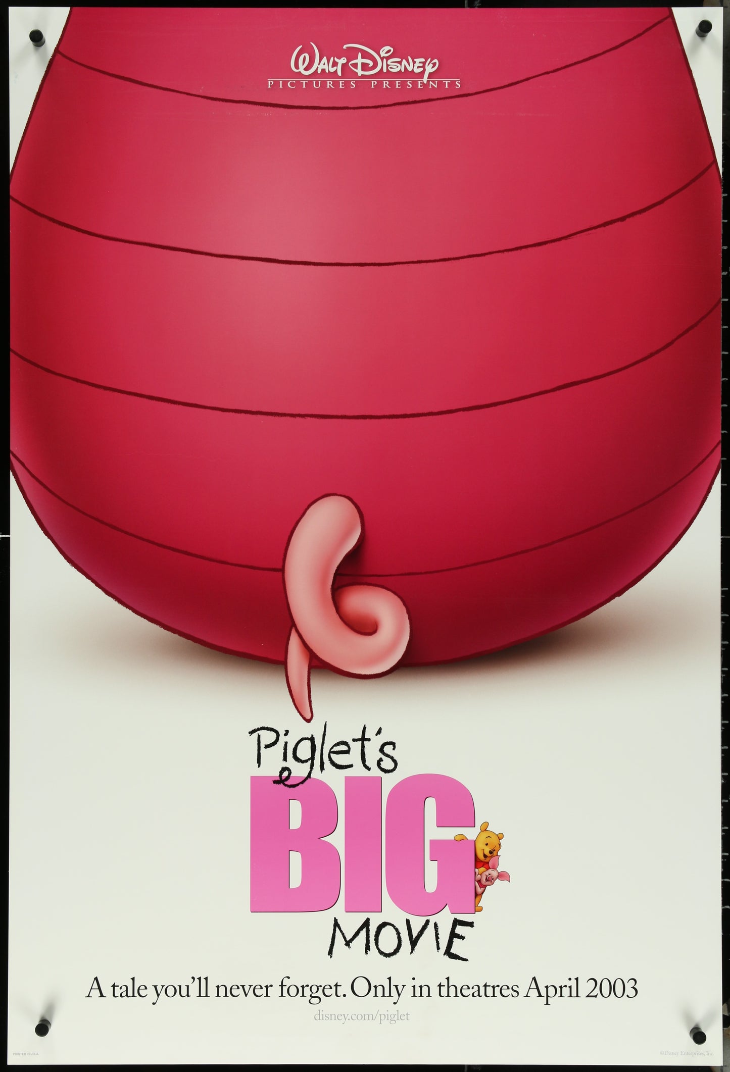 A vintage style movie poster featuring the character Piglet from the Walt Disney film 'Piglet's Big Movie' with a pink background.