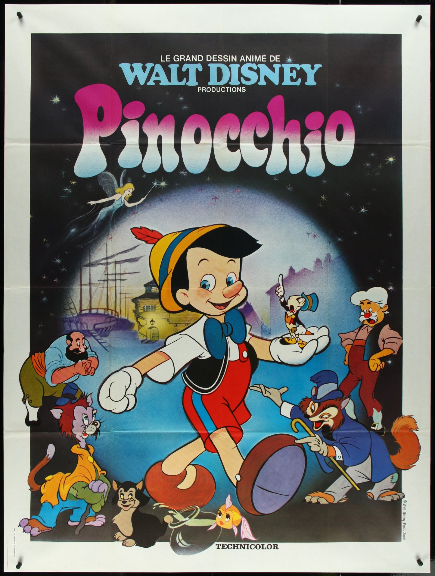 Vintage style movie poster for 'Pinocchio' featuring animated characters Pinocchio and Geppetto with a background of a moonlit scene on the poster.