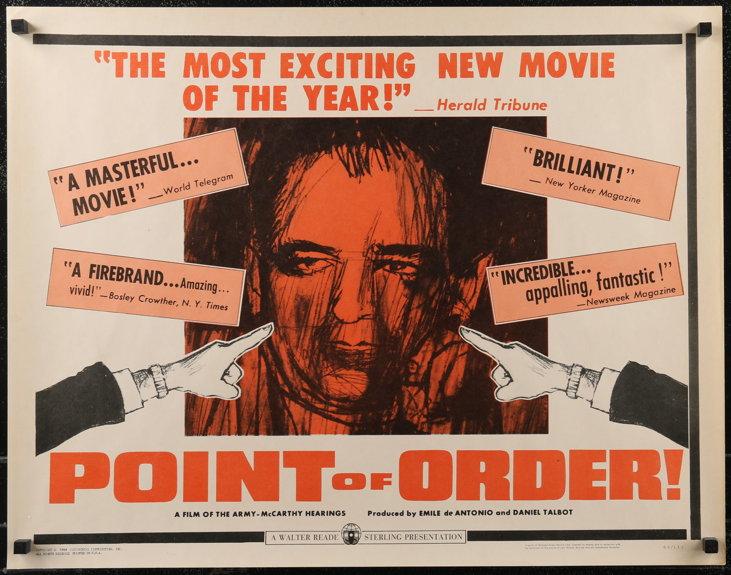 Original US half sheet movie poster for the 1964 Emile De Antonio documentary 'Point Of Order' featuring a red and black design with text and a portrait of a man.