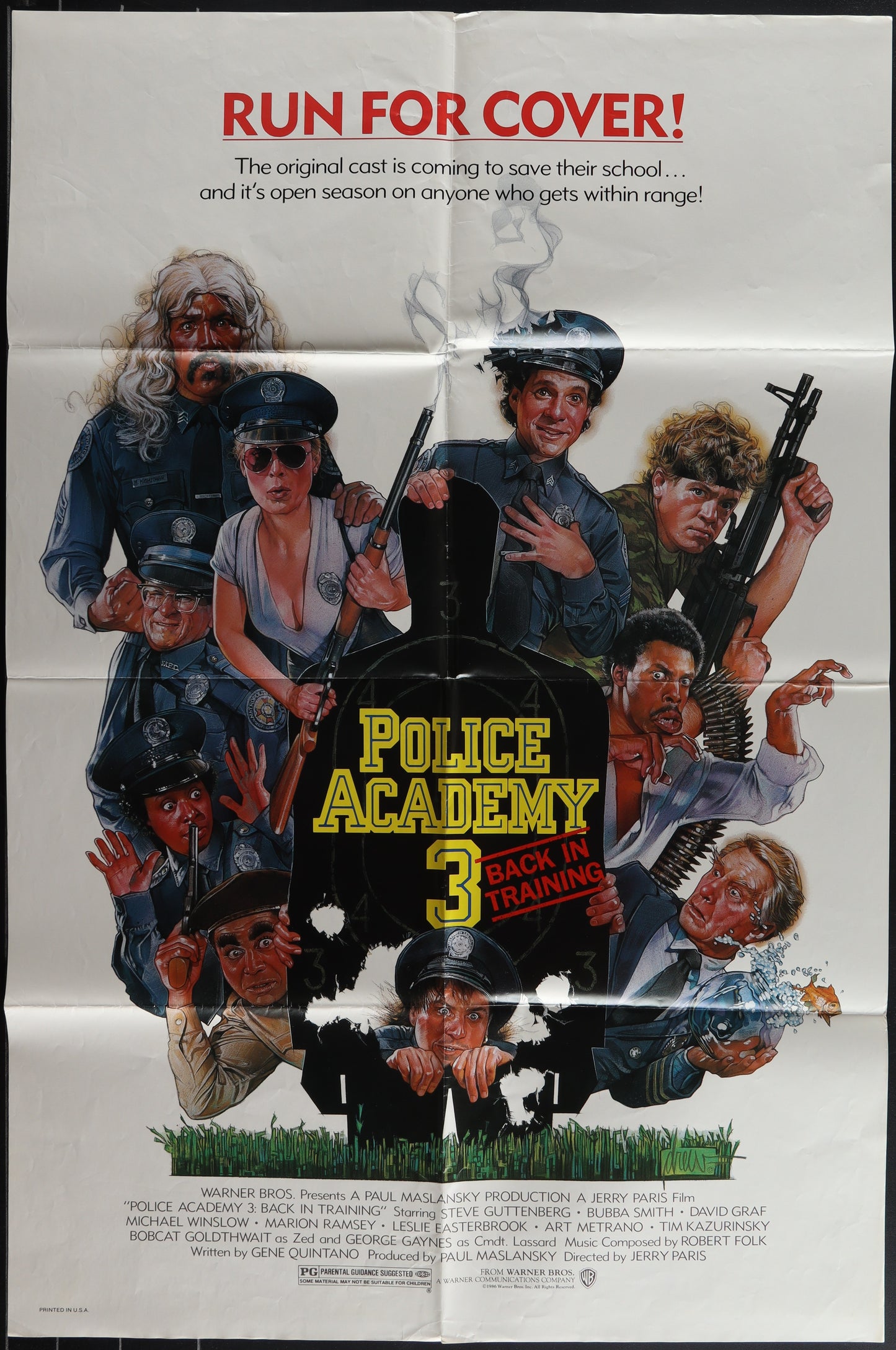 Vintage style movie poster for 'Police Academy 3: Back In Training' featuring a collage of the main characters with a comedic portrayal.