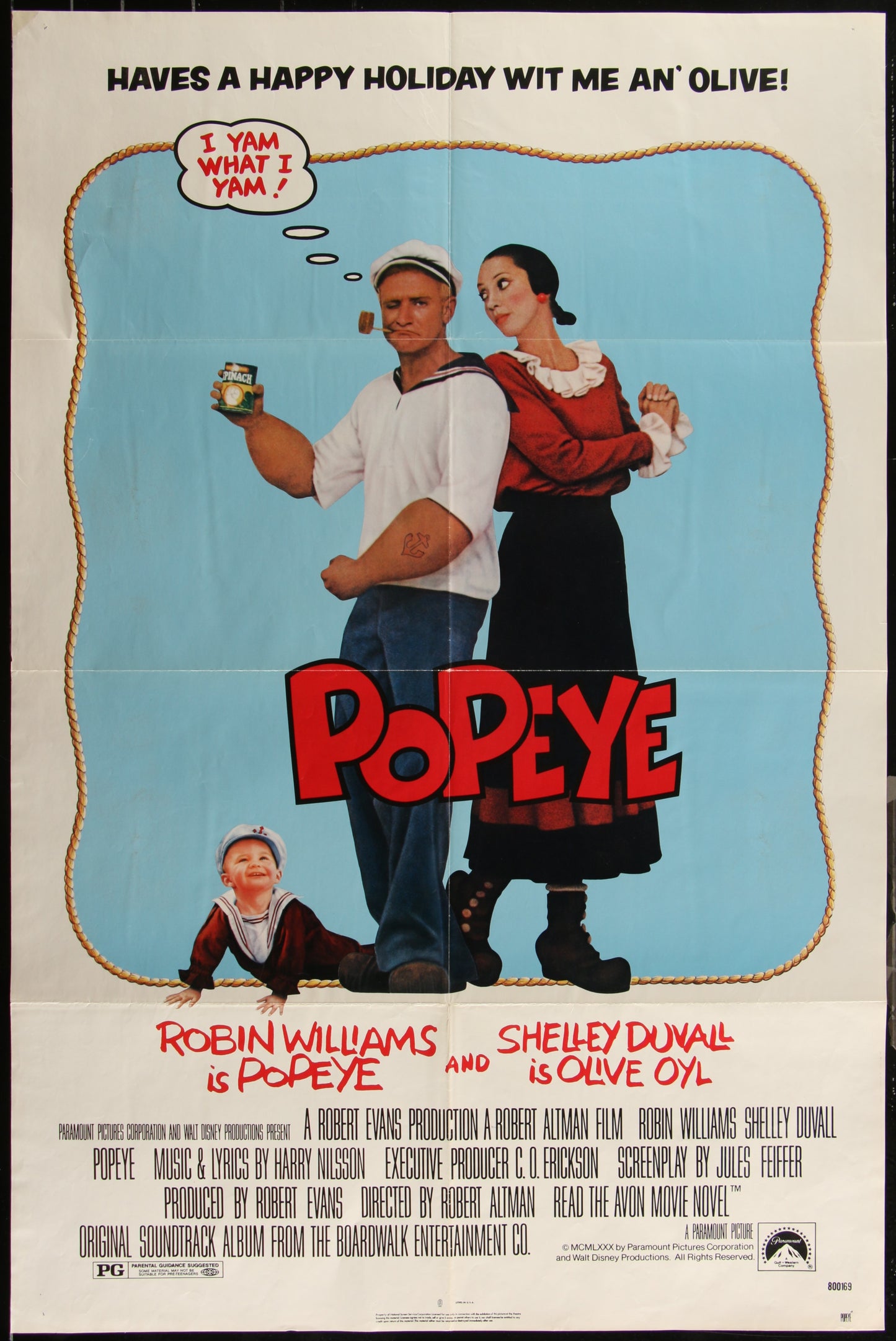 Original one-sheet movie poster for the 1980 film 'Popeye' featuring characters portrayed by Robin Williams and Shelley Duvall.
