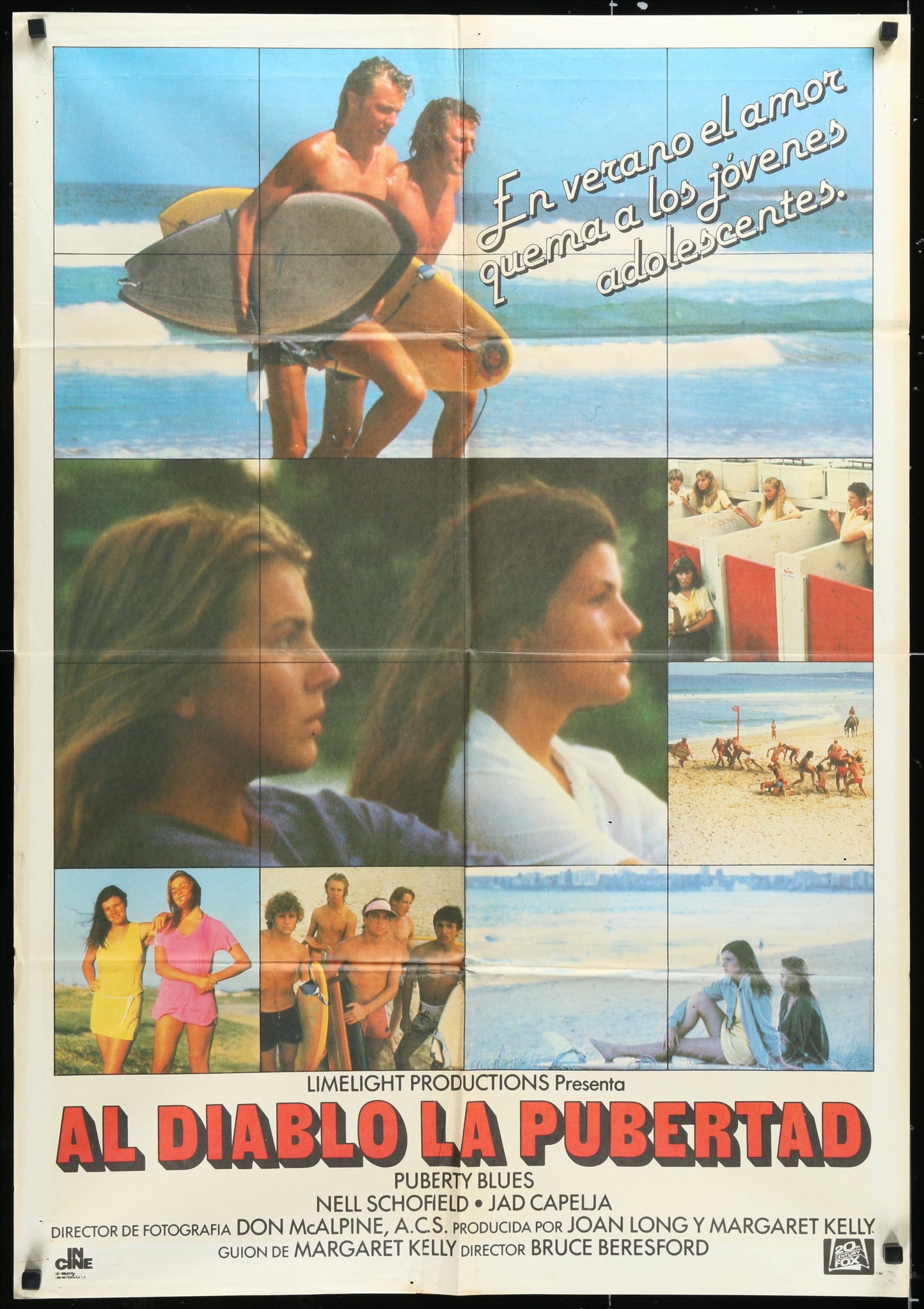 A vintage Spanish movie poster for 'Puberty Blues' featuring multiple images of the main characters in a beach setting. The poster is predominantly colored in blue and white tones with text and graphics in Spanish.