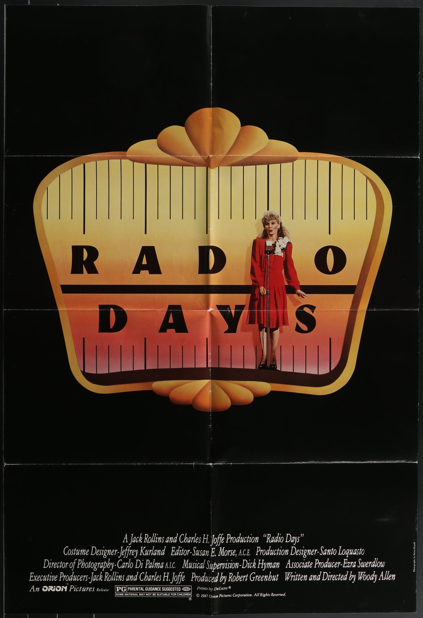 Movie poster for 'Radio Days' with a woman in a red dress standing behind a radio dial graphic.