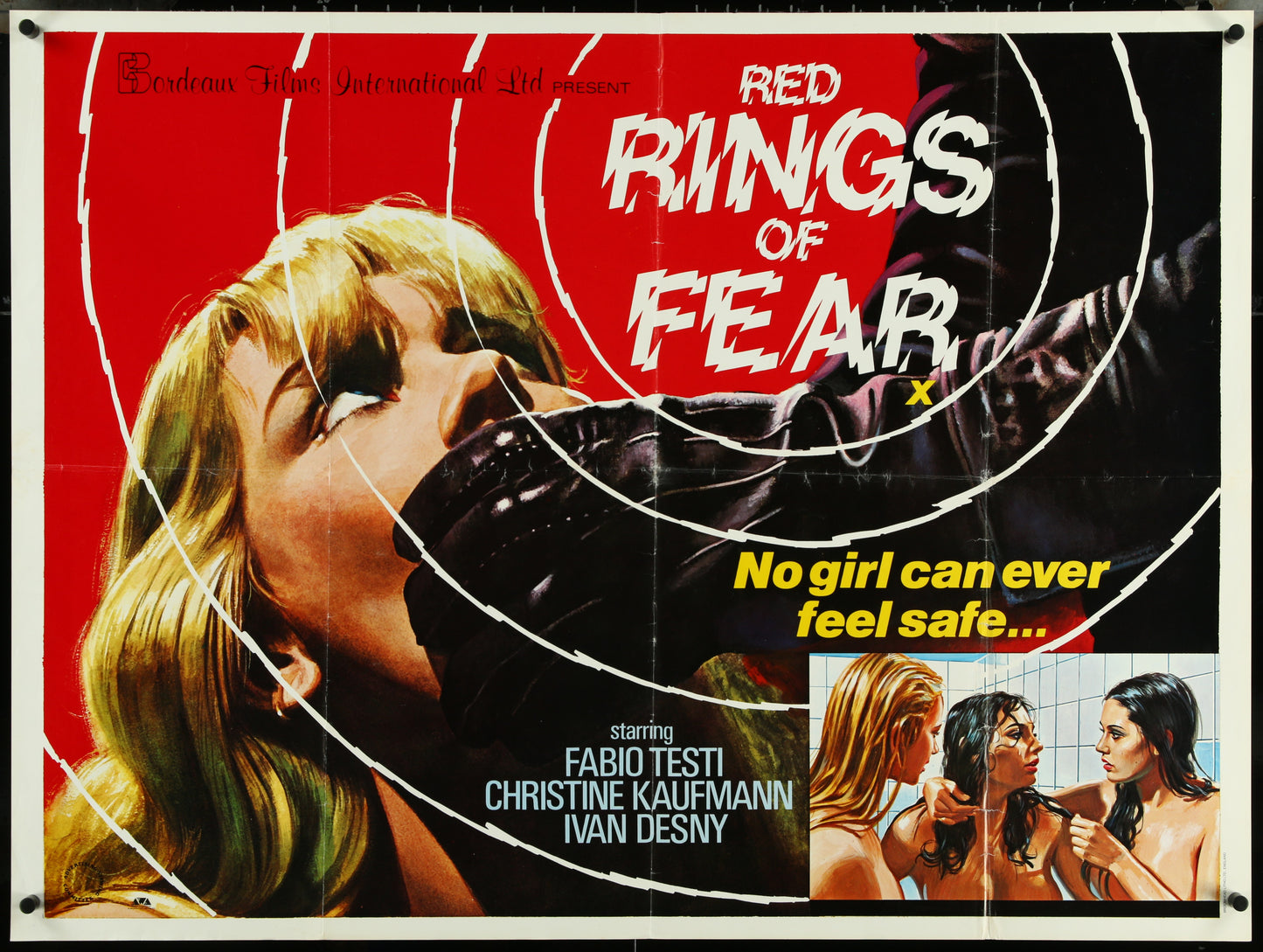 Vintage movie poster for 'Red Rings Of Fear' featuring a woman in distress, with text and credits including the title and names of the actors.