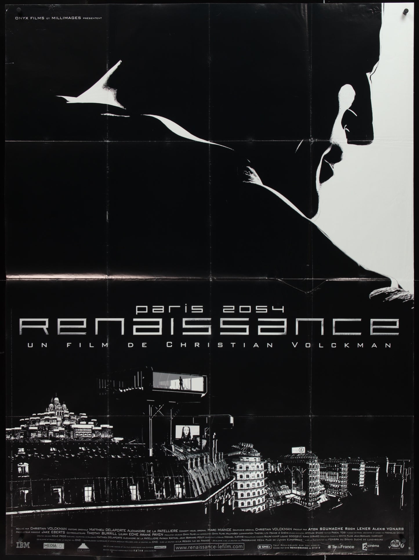 A black and white poster featuring a silhouette of a person with a cityscape in the background, indicating a science fiction theme, with text detailing the film title and cast.