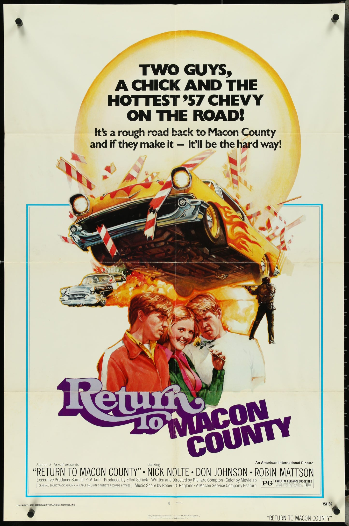 Vintage style movie poster for 'Return to Macon County' featuring a yellow car on the road with three people in the foreground.