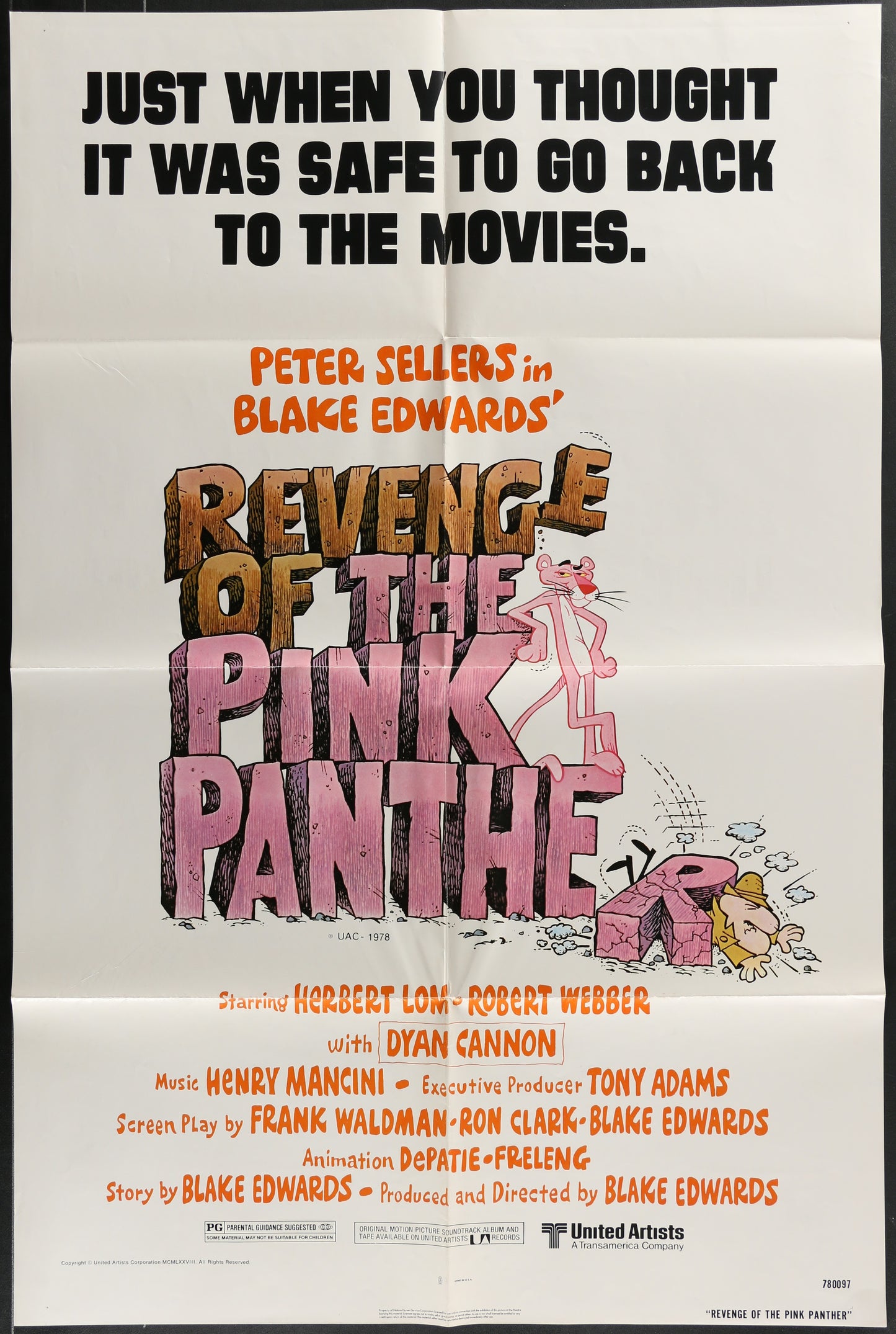 Vintage movie poster for 'Revenge of the Pink Panther' with text and cartoon elements.