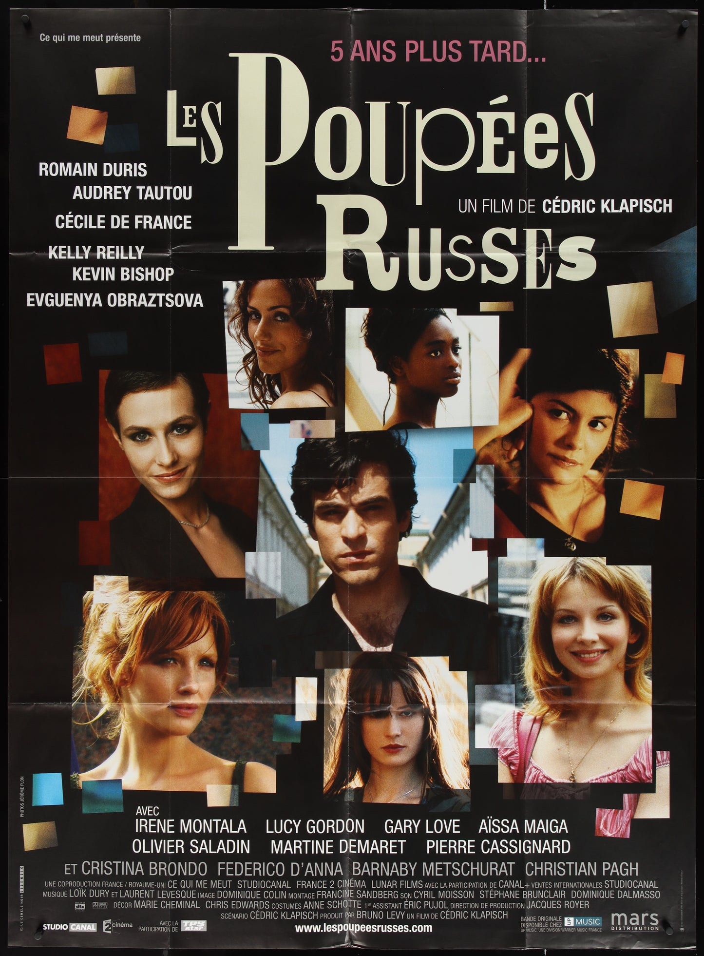 A movie poster for 'Les Poupees Russes' featuring a collage of images of the main characters in a romantic comedy setting.