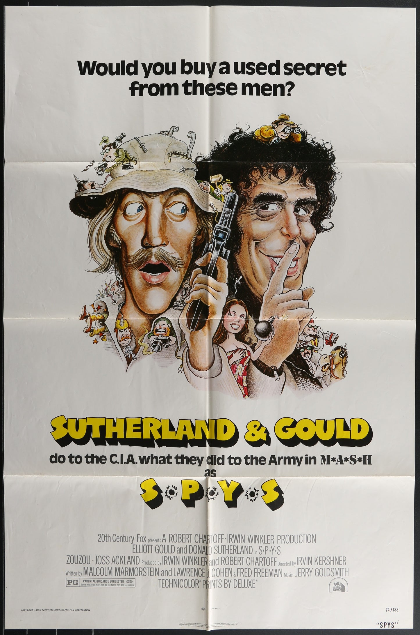 Movie poster for 'Spies' featuring two men with a gun and a woman, with text asking if you would buy a used secret.