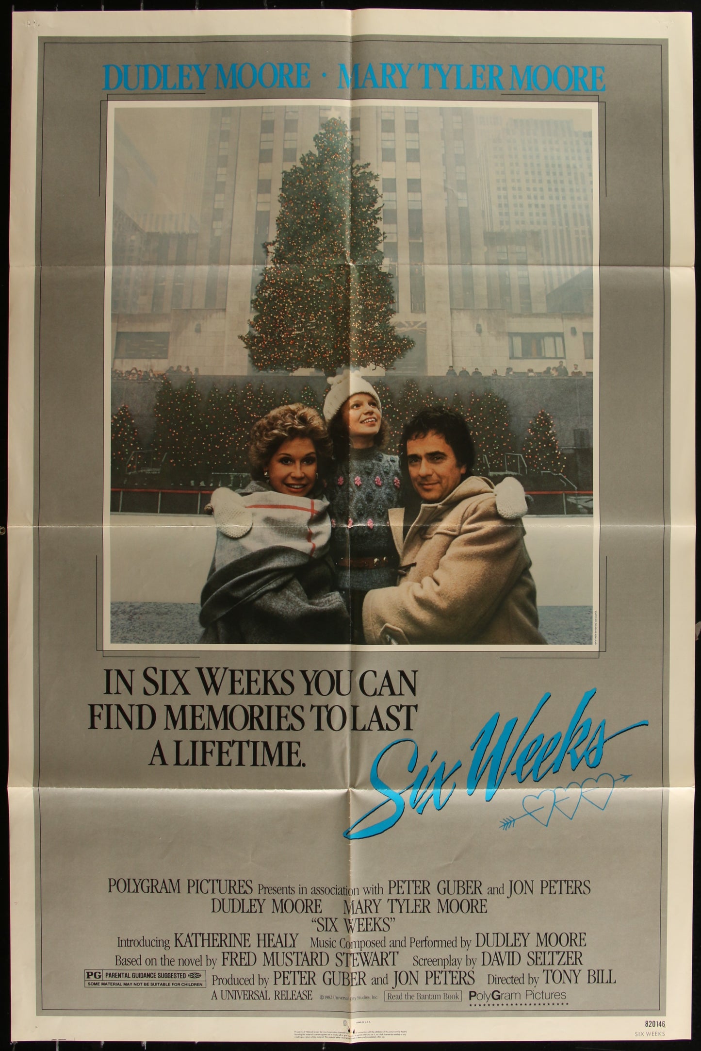 Vintage movie poster for 'Six Weeks' featuring three people standing in front of a Christmas tree, with the date '1982' visible at the bottom.