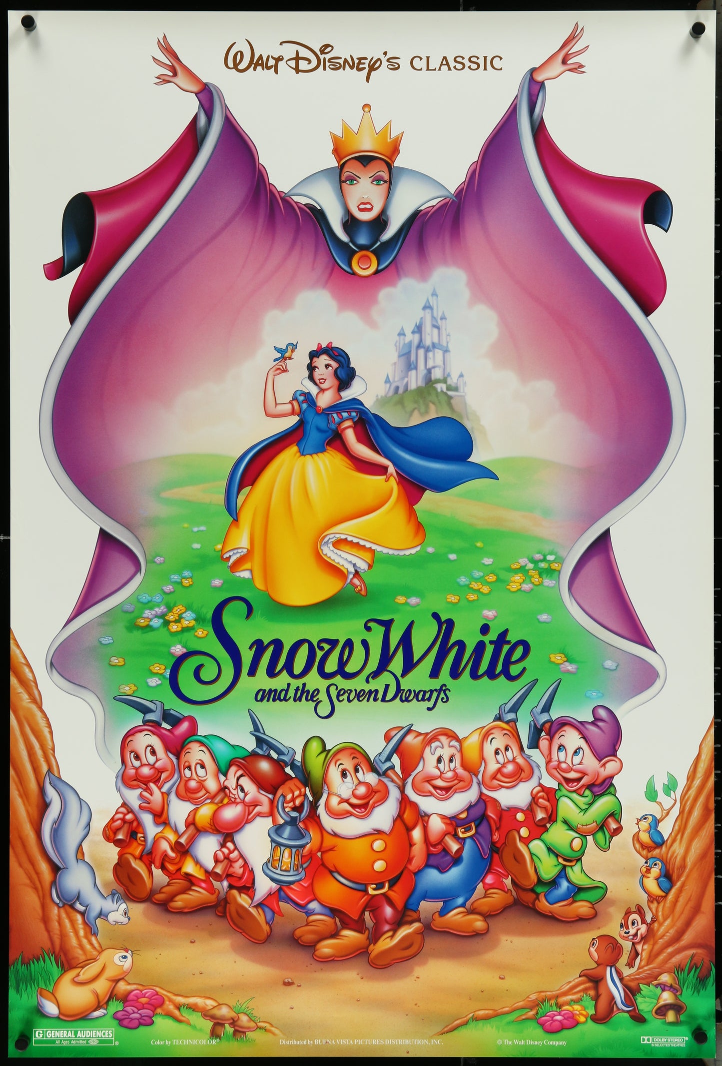 A vintage style movie poster for 'Snow White and the Seven Dwarfs' featuring animated characters Snow White and the dwarfs in a forest setting. The poster has a vibrant color palette and is labeled as part of the 'Disney's Classic' series.