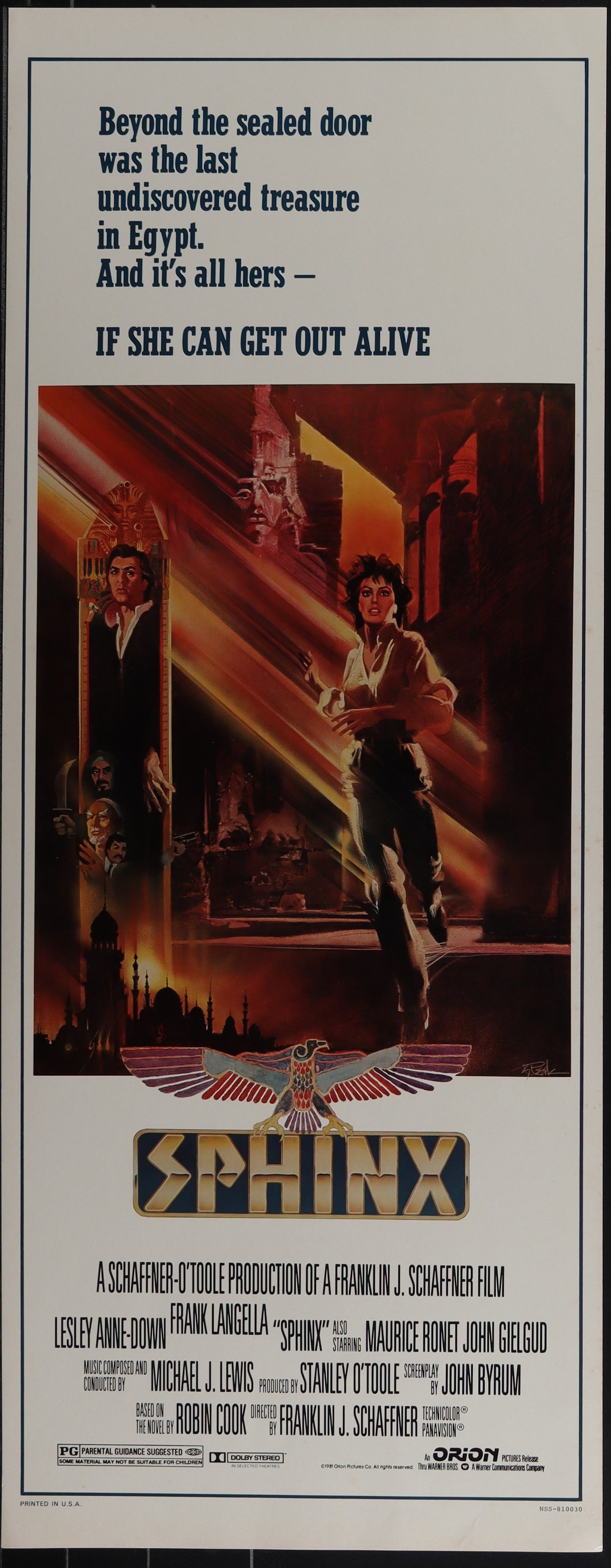Vintage movie poster for 'Sphinx' featuring three characters prominently with a background of a cityscape on fire, and text including the movie title and a quote.