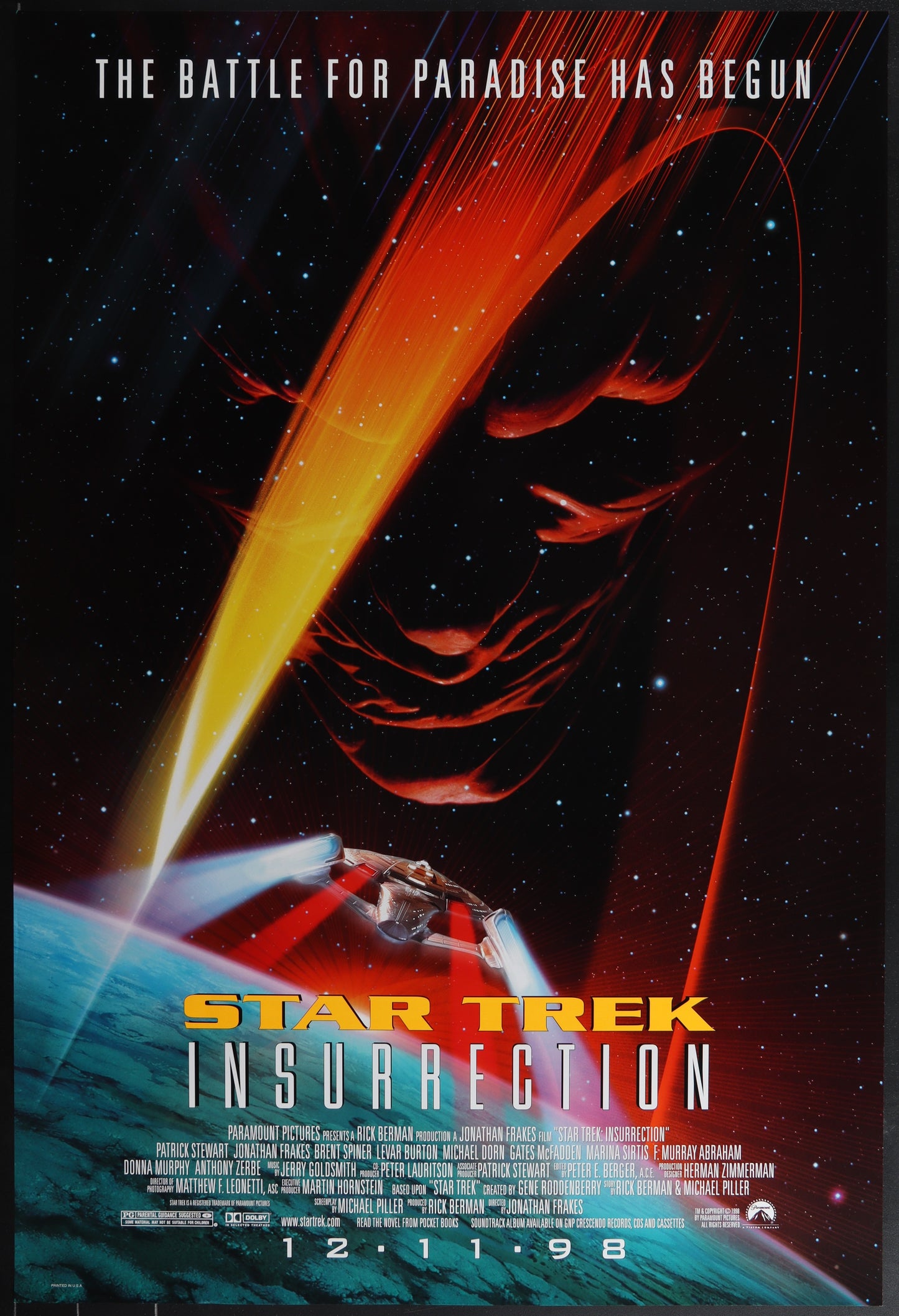 Original US one sheet movie poster for Star Trek Insurrection featuring a space-themed background with a character in the foreground.
