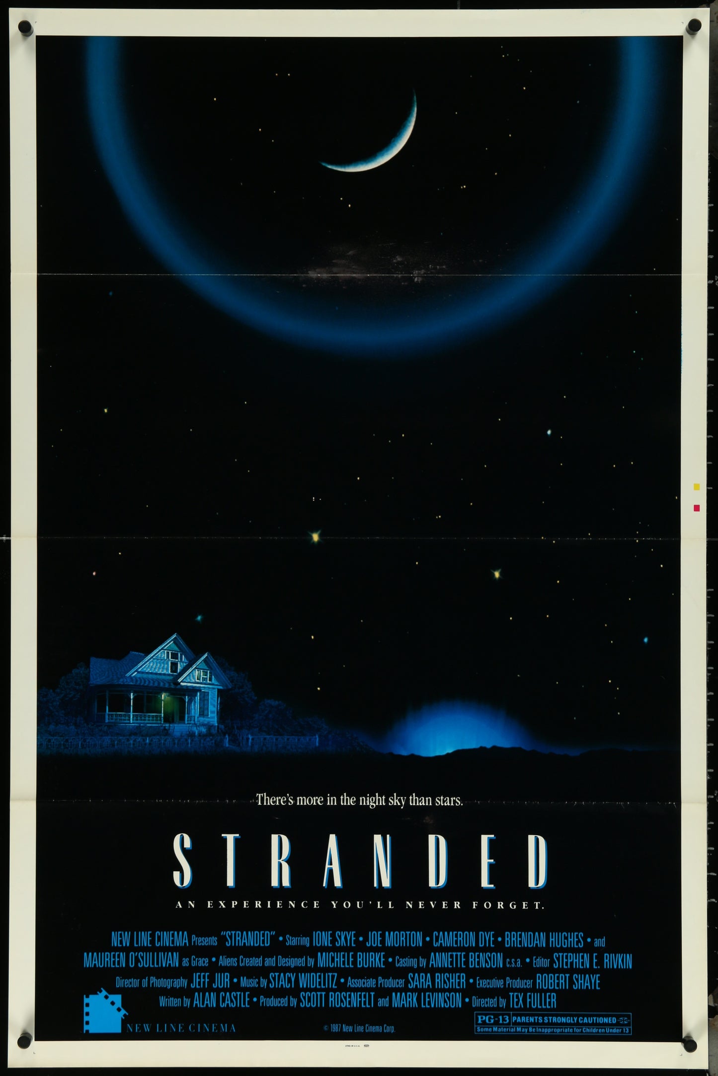 Original US one sheet movie poster for the film 'Stranded' featuring a house at night with a moonlit background and stars.