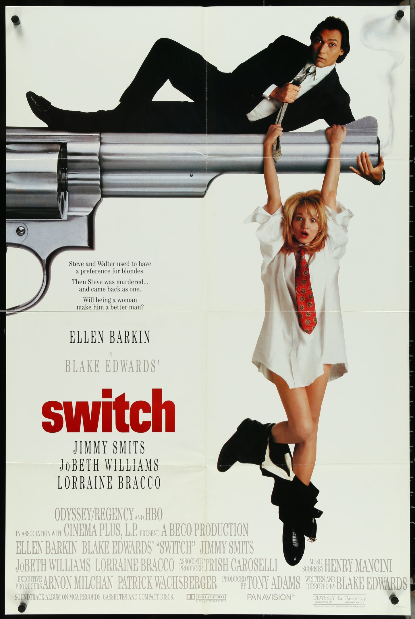 Original US one sheet movie poster for 'Switch' featuring Ellen Barkin and Jimmy Smits. The poster is folded and shows some wear.