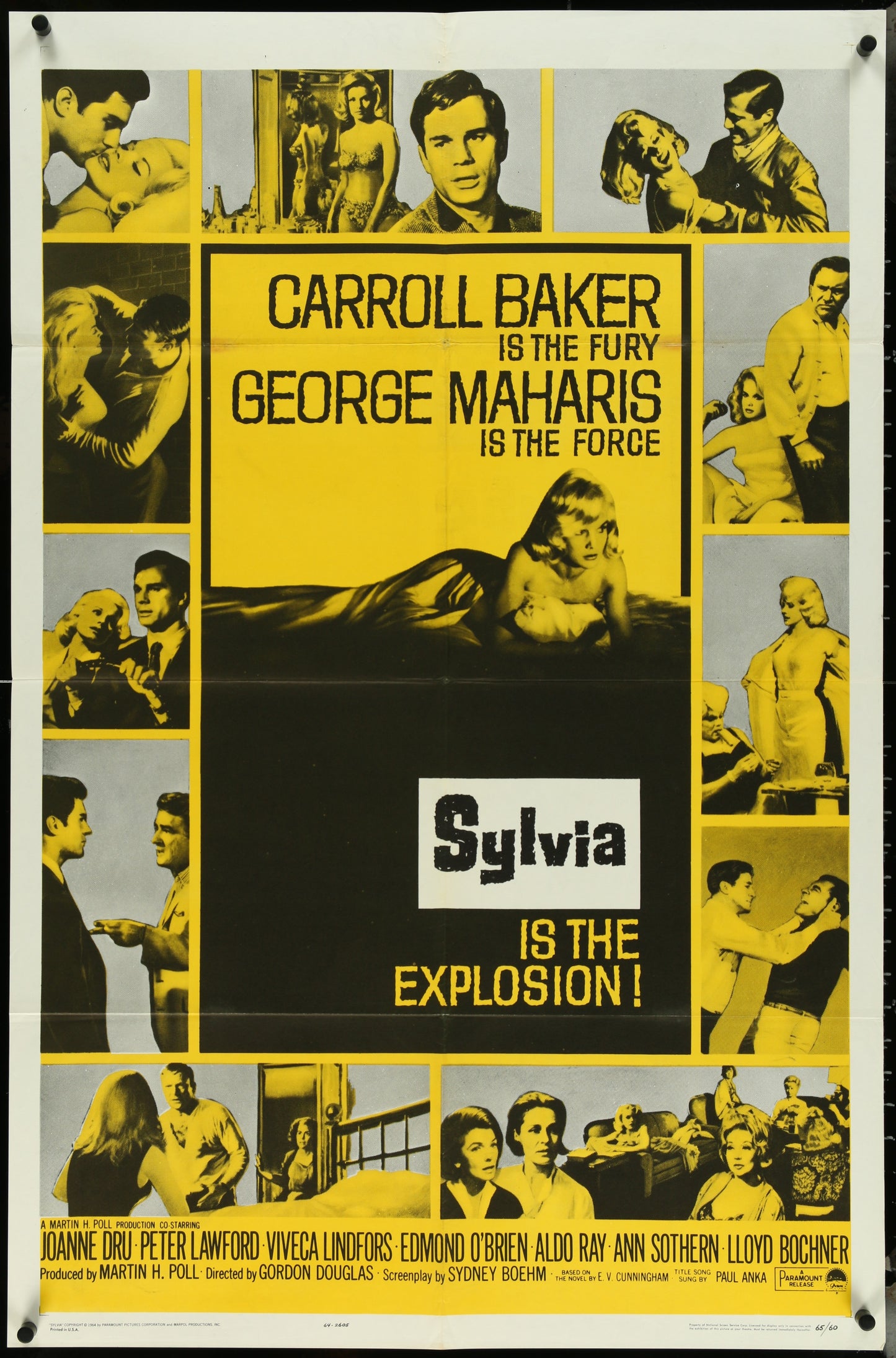 Original one-sheet movie poster for the 1965 film Sylvia, featuring images of the cast and title information, with a yellow background and standard movie poster elements.
