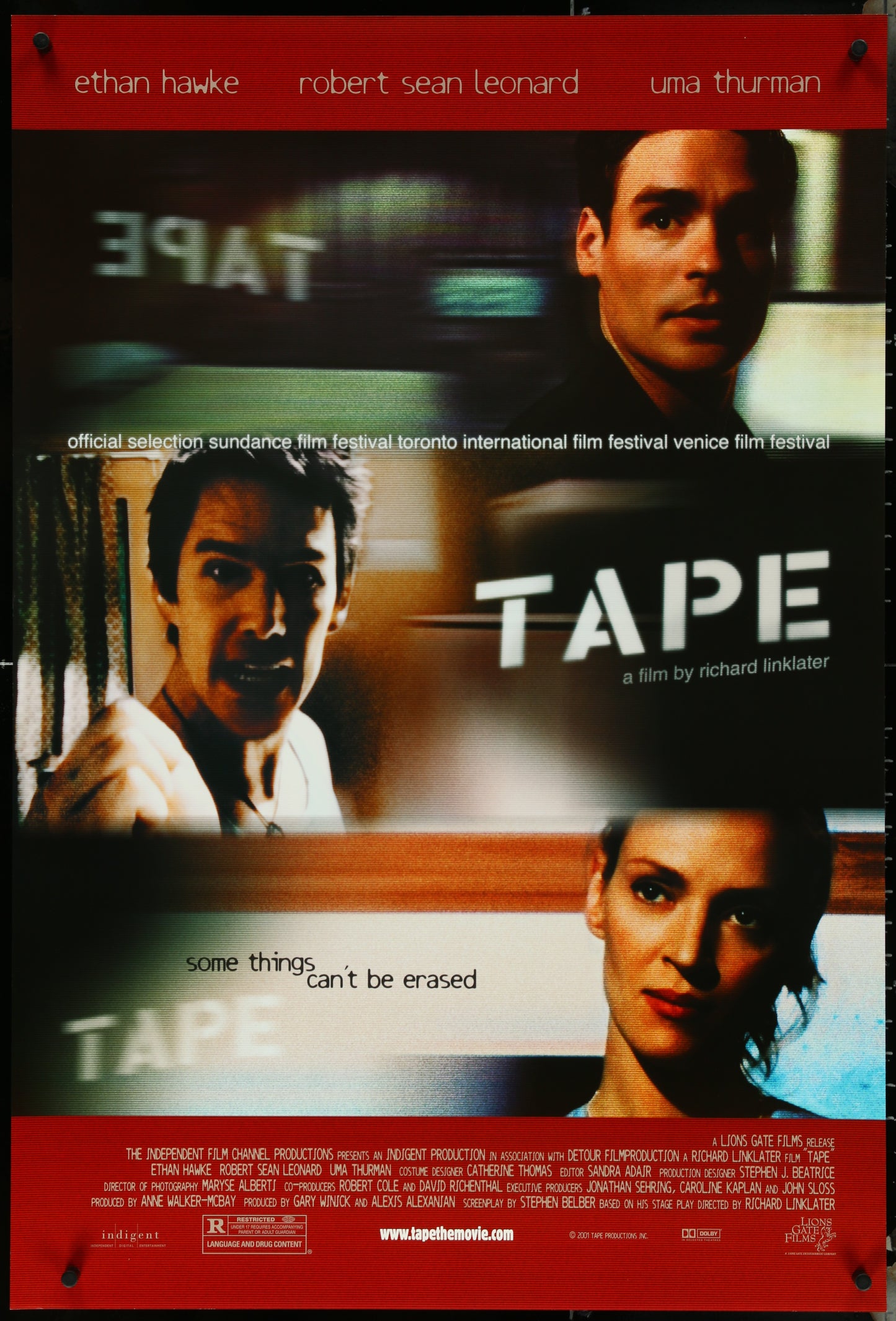 Movie poster for 'Tape' featuring three characters with a red border.