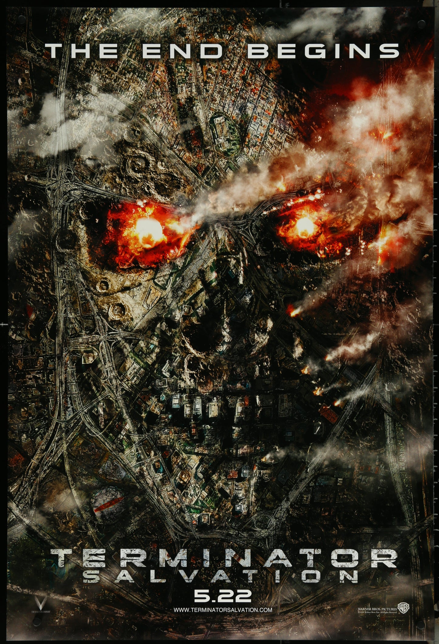 Original US one-sheet movie poster for Terminator Salvation featuring a stylized depiction of the Terminator with a cityscape in the background.