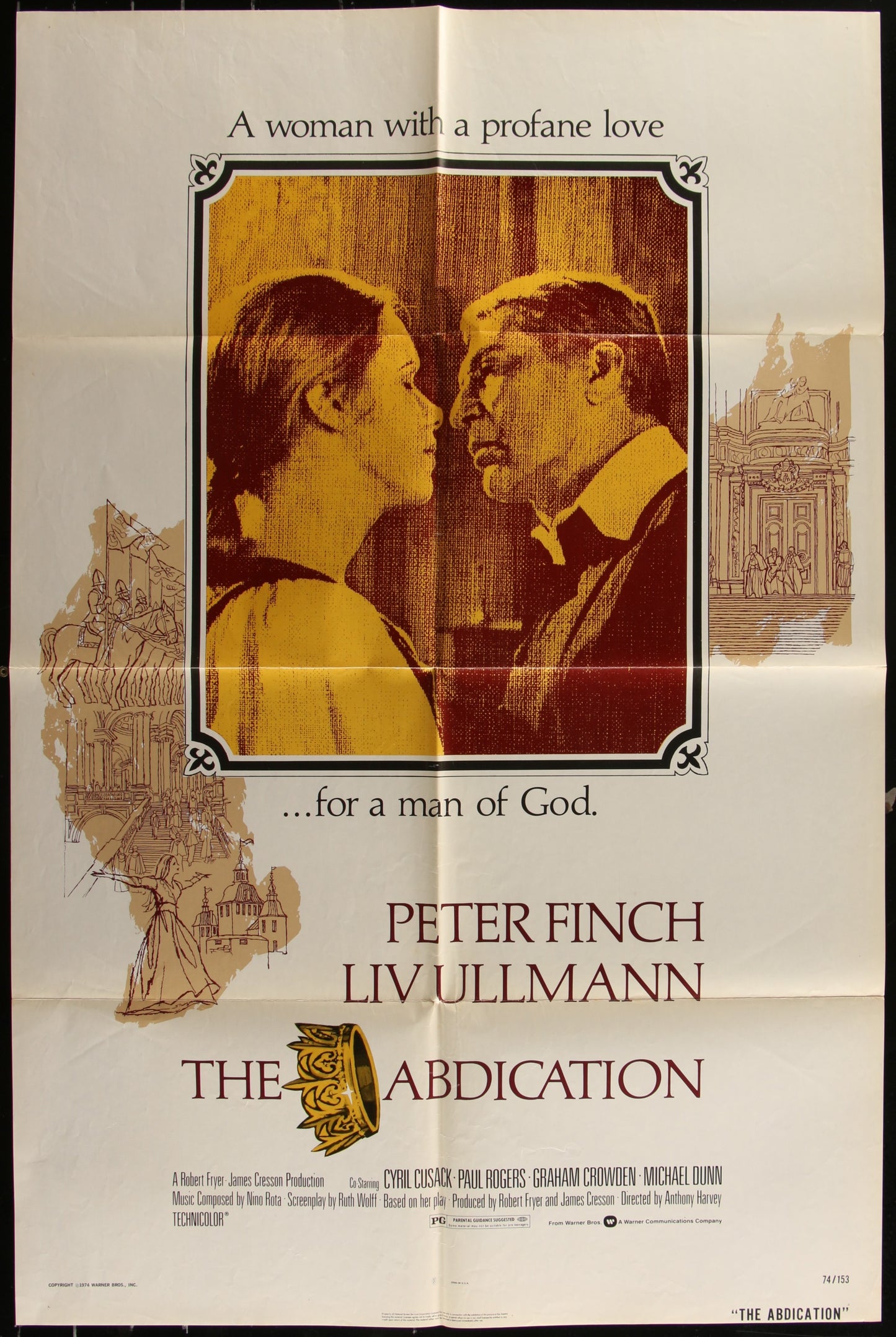 Vintage one-sheet movie poster for 'The Abdication' featuring portraits of Peter Finch and Liv Ullmann with a religious theme text.