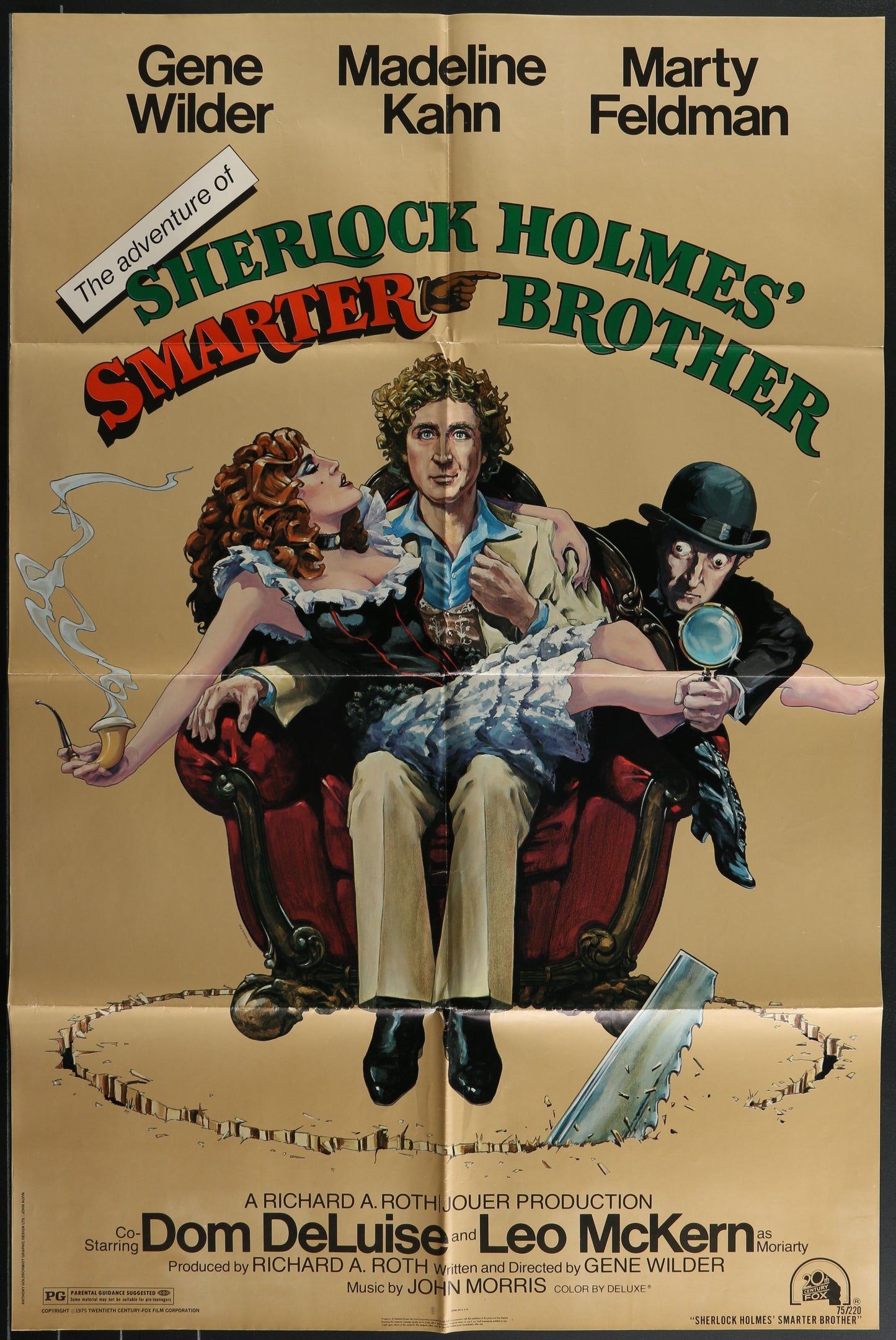 Vintage movie poster for 'The Adventure of Sherlock Holmes' Smarter Brother' featuring three men and text.