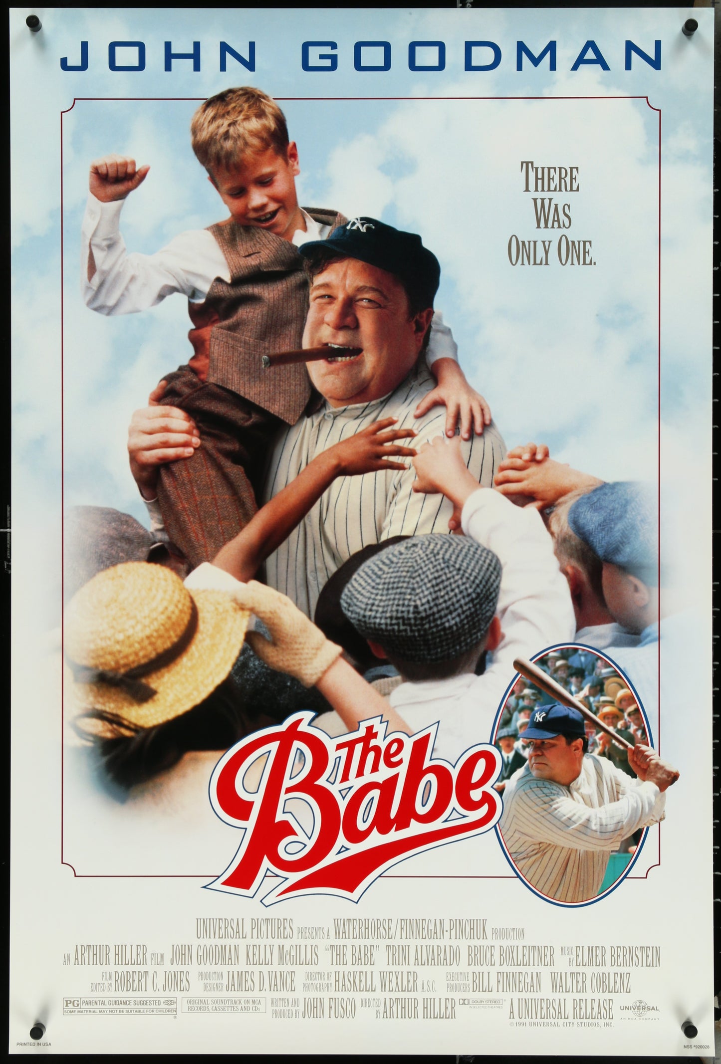 Movie poster for 'The Babe' featuring a man and child with baseball equipment.