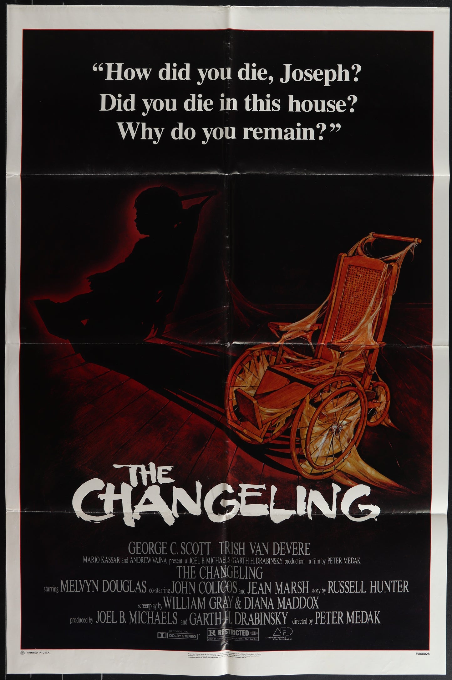 Vintage style movie poster for 'The Changeling' featuring a dark image of a character in a wheelchair with a eerie, dark background.