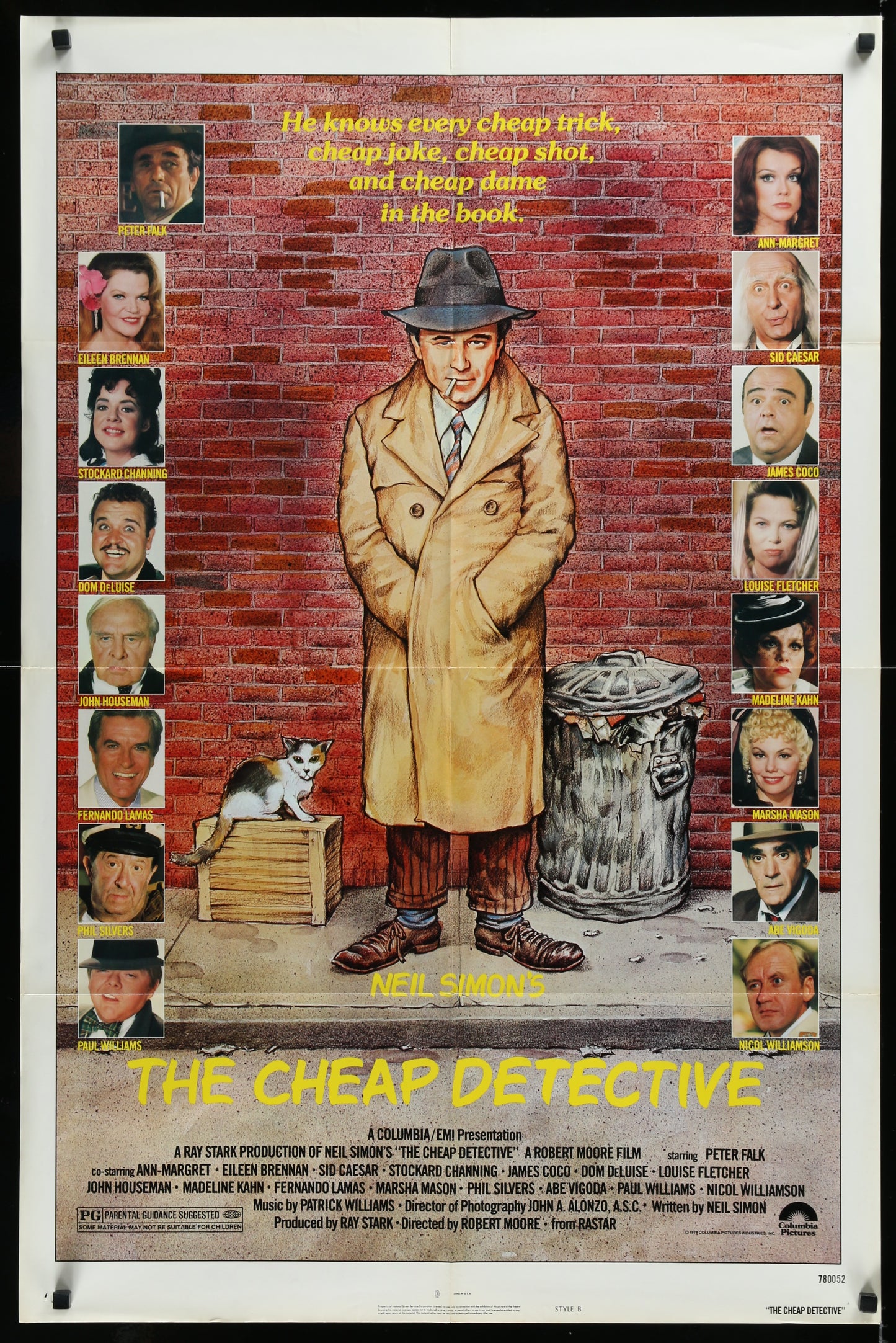 Original US one-sheet movie poster for 'The Cheap Detective' featuring a collage of actors in the film with Peter Falk in the foreground on the right side, set against a red brick wall background. The poster is folded and has the text 'THE CHEAP DETECTIVE' at the bottom.